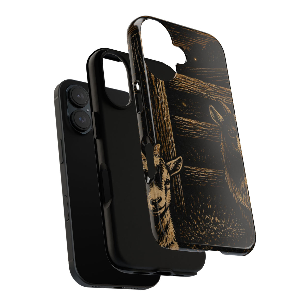 Goat iPhone Case – Pygmy Goats - Night Linocut Fireflies | Tough Dual-Layer Case, iPhone 11–17