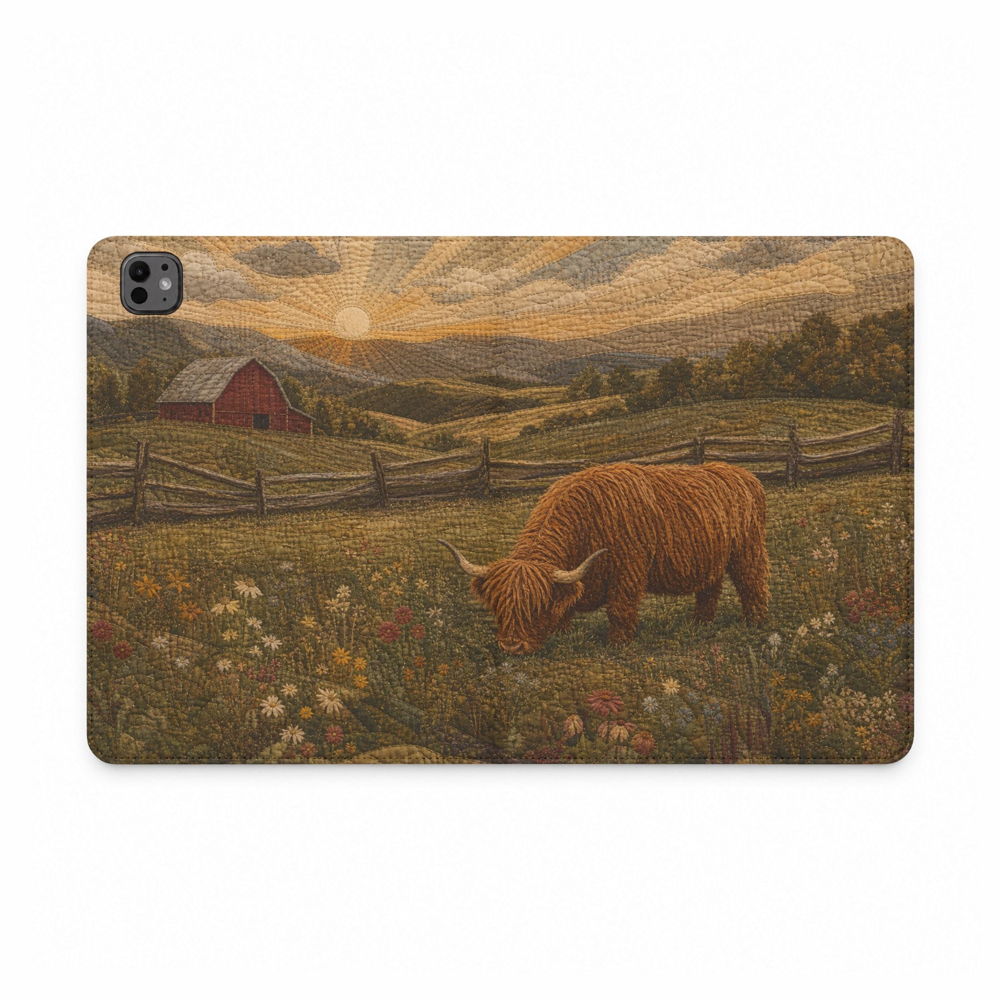 Highland Cow iPad Case – Mini Highland - Heirloom Quilt Meadow | Vegan Leather Folio with Card Pockets, All iPad Models