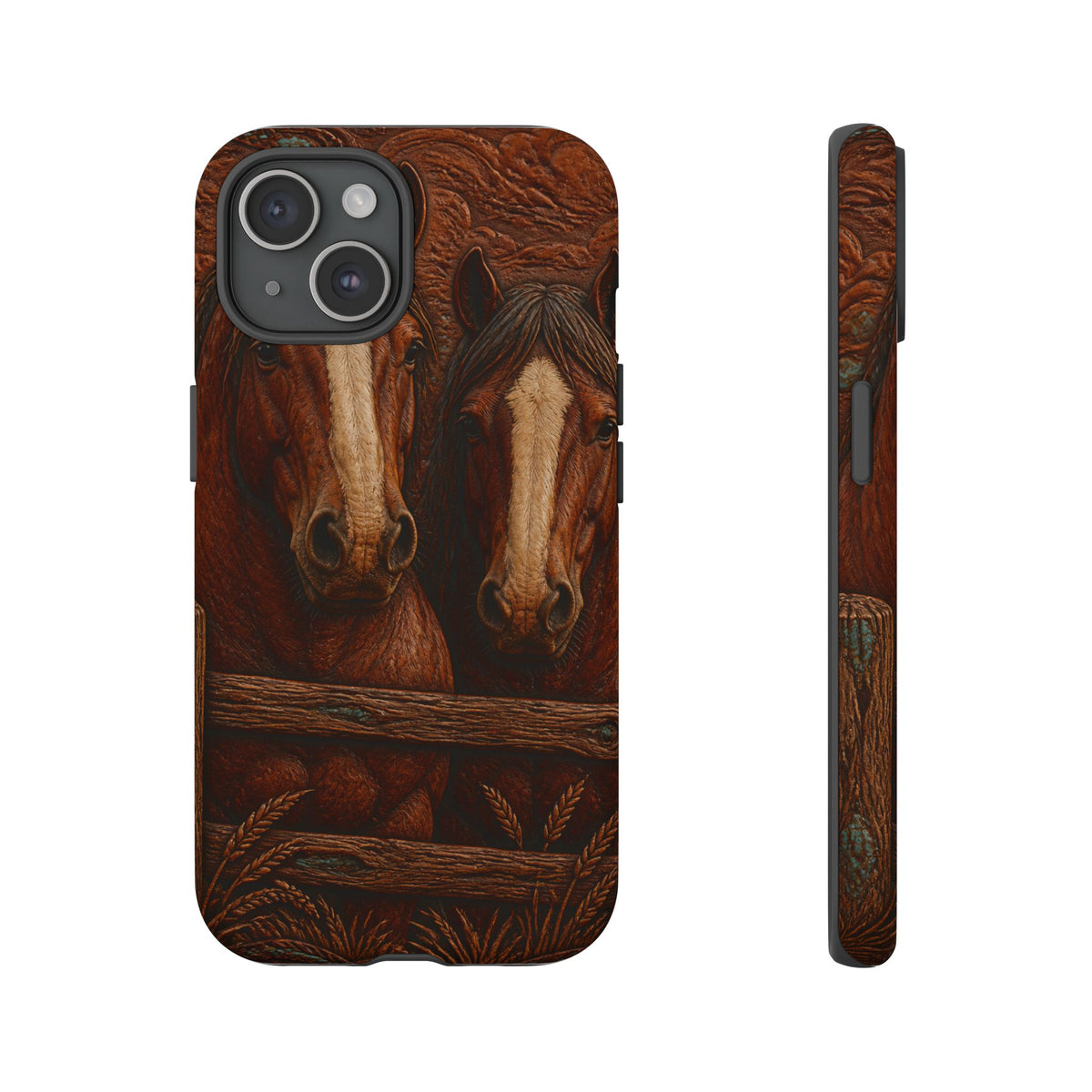 Draft Horse iPhone Case – Draft Horses at the Fence Tooled Leather | Tough Dual-Layer Case, iPhone 11–17