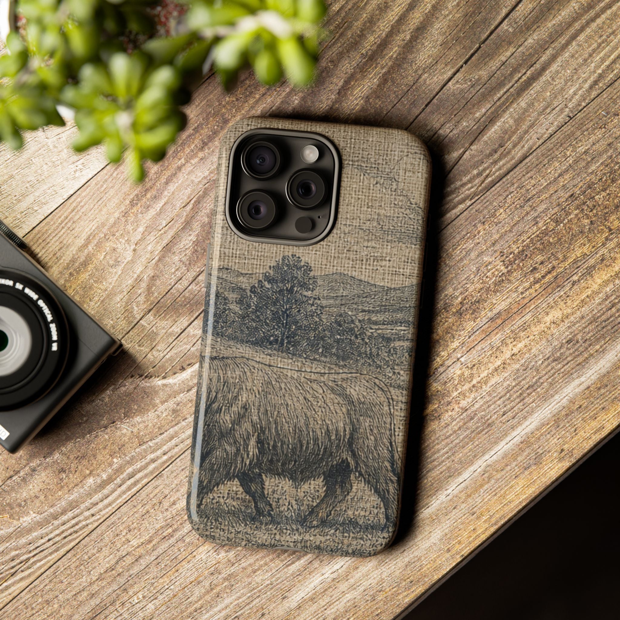 Highland Cow iPhone Case – Mini Highland - Linen Field Engraving | Tough Dual-Layer Case, iPhone 11–17