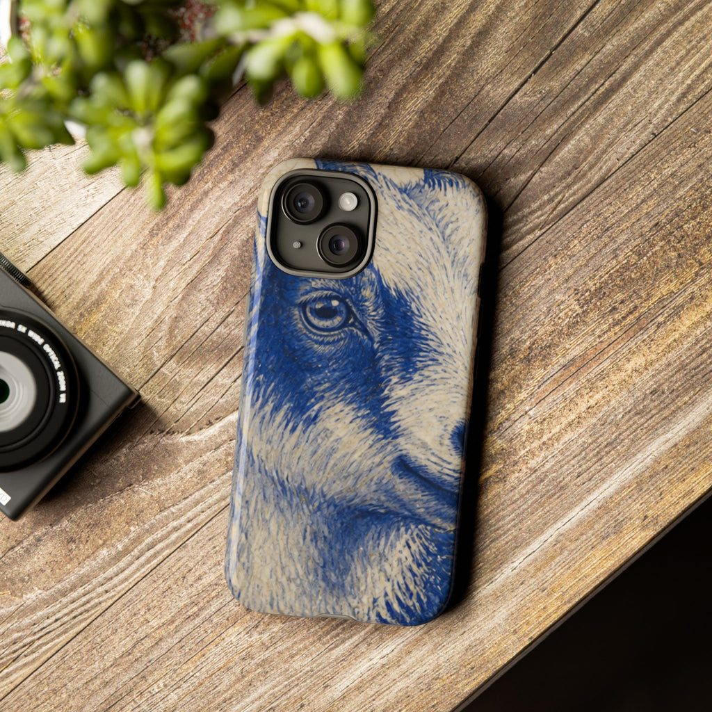 Goat iPhone Case – Pygmy Goat - Cobalt Transferware Portrait | Tough Dual-Layer Case, iPhone 11–17