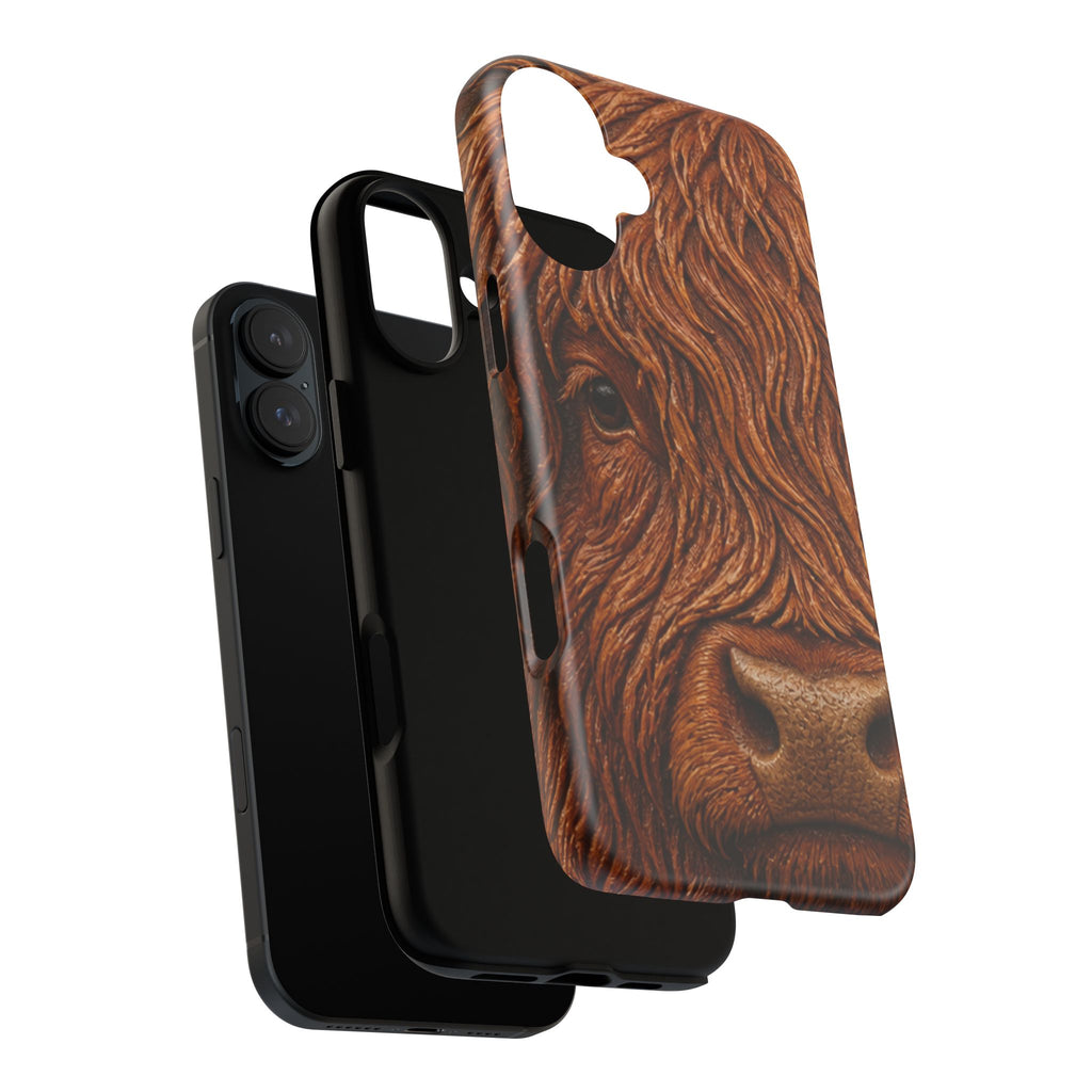 Highland Cow iPhone Case – Mini Highland - Tooled Leather Portrait | Tough Dual-Layer Case, iPhone 11–17