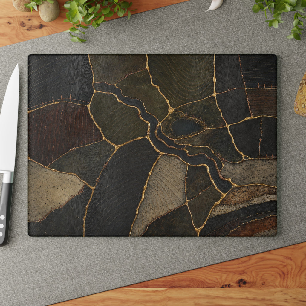 Glass Cutting Board – Mended Ground Kintsugi | Tempered Glass Charcuterie & Serving Board