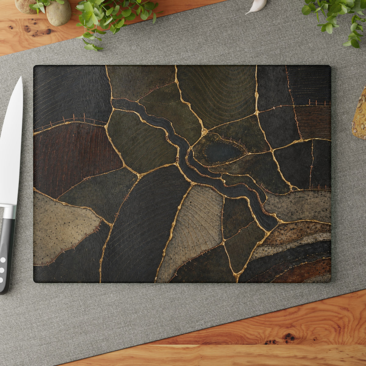 Glass Cutting Board – Mended Ground Kintsugi | Tempered Glass Charcuterie & Serving Board