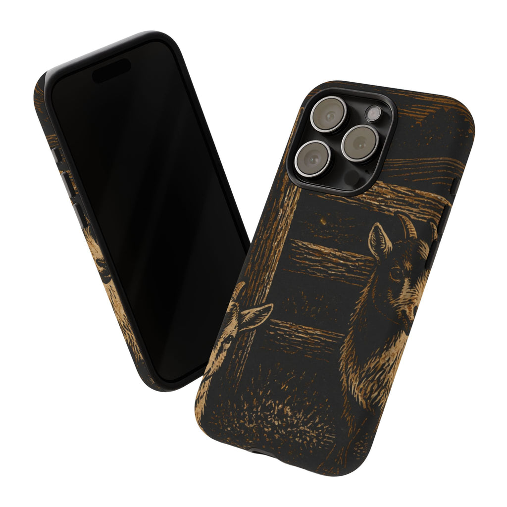 Goat iPhone Case – Pygmy Goats - Night Linocut Fireflies | Tough Dual-Layer Case, iPhone 11–17