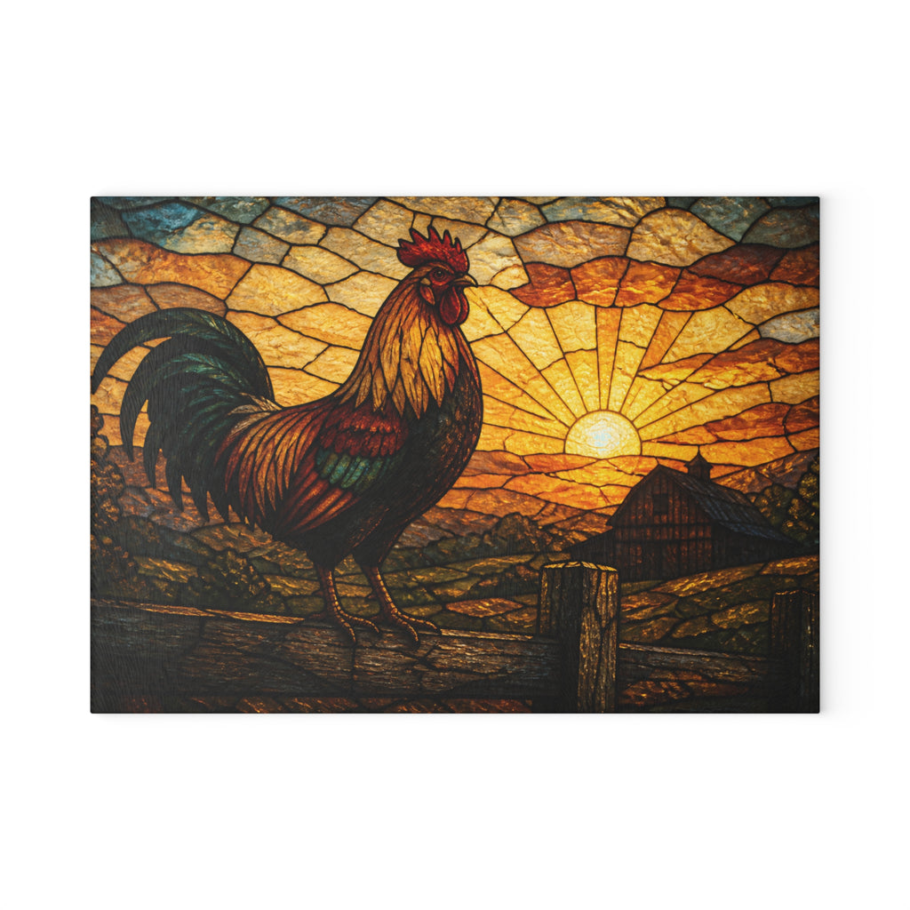 Rooster Glass Cutting Board – Rooster at First Light Stained | Tempered Glass Charcuterie & Serving Board