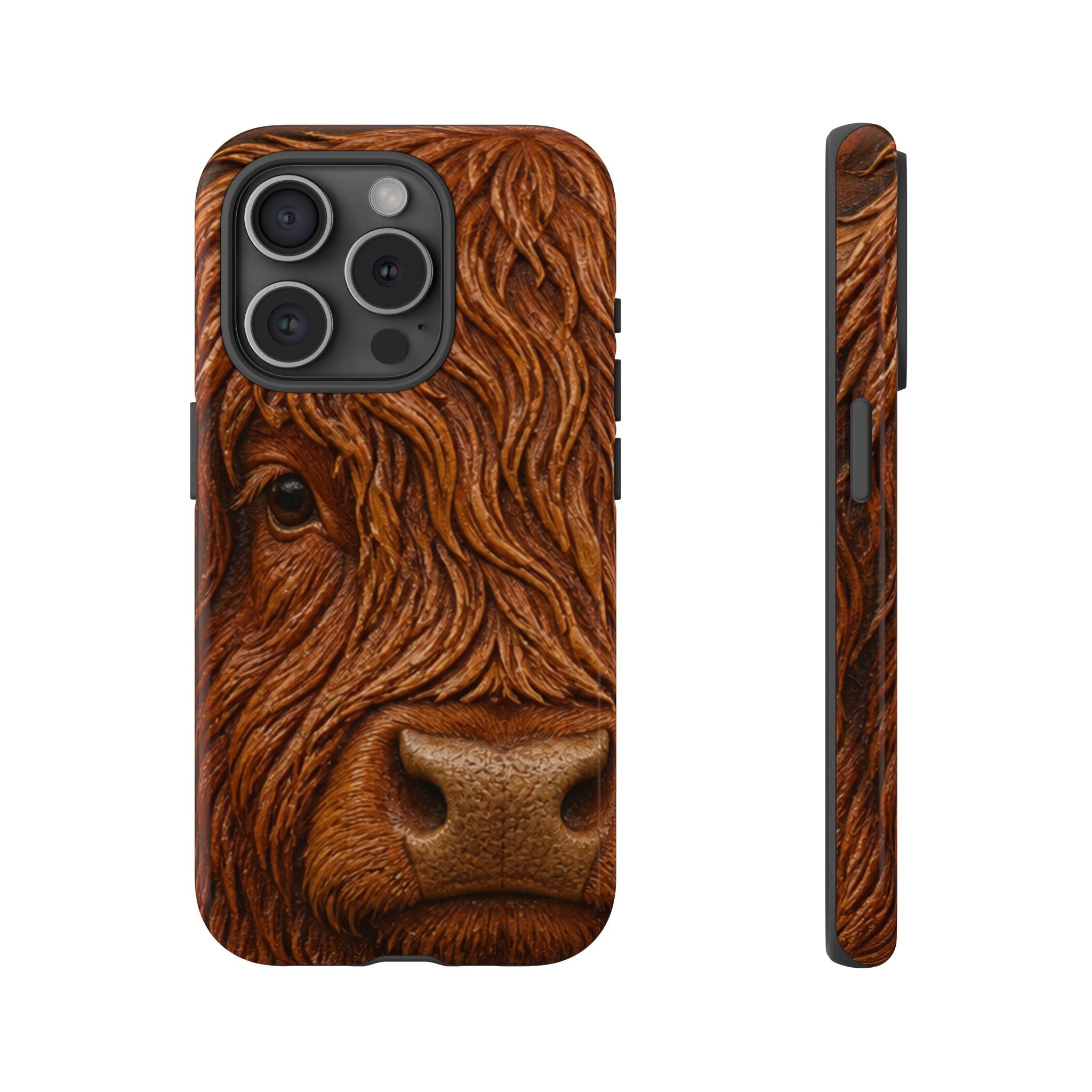 Highland Cow iPhone Case – Mini Highland - Tooled Leather Portrait | Tough Dual-Layer Case, iPhone 11–17
