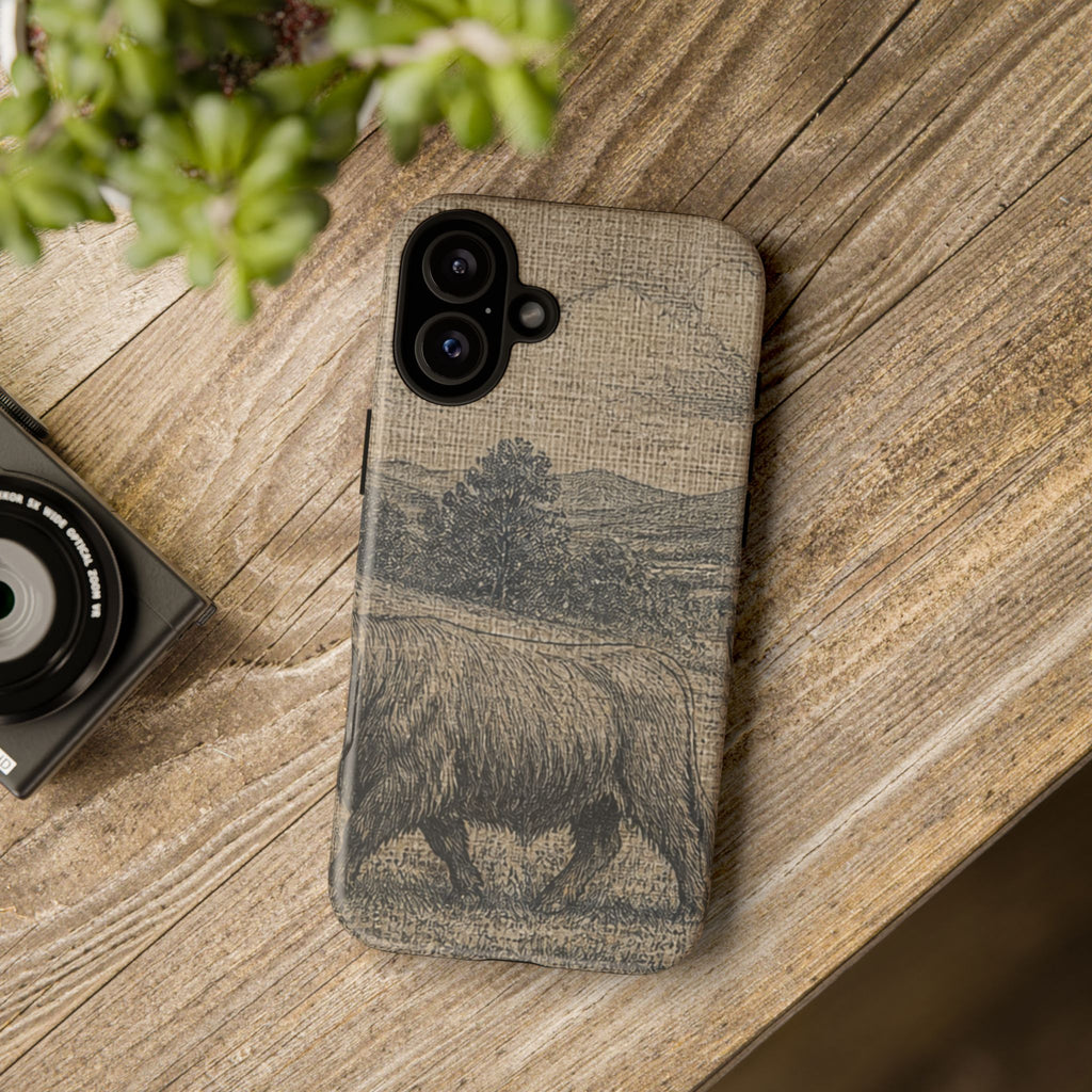 Highland Cow iPhone Case – Mini Highland - Linen Field Engraving | Tough Dual-Layer Case, iPhone 11–17