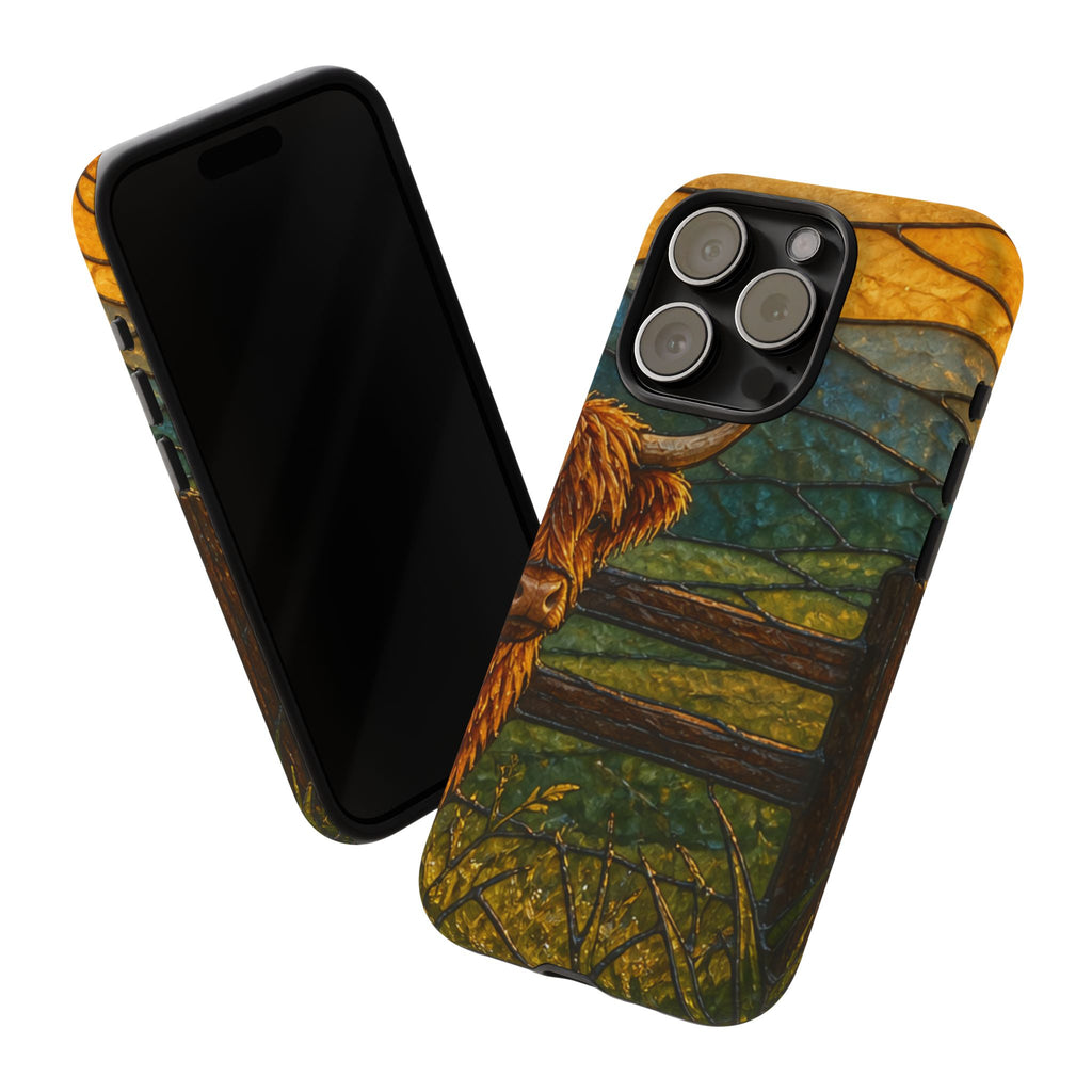 Highland Cow iPhone Case – Mini Highland - Stained Glass Morning Pasture | Tough Dual-Layer Case, iPhone 11–17