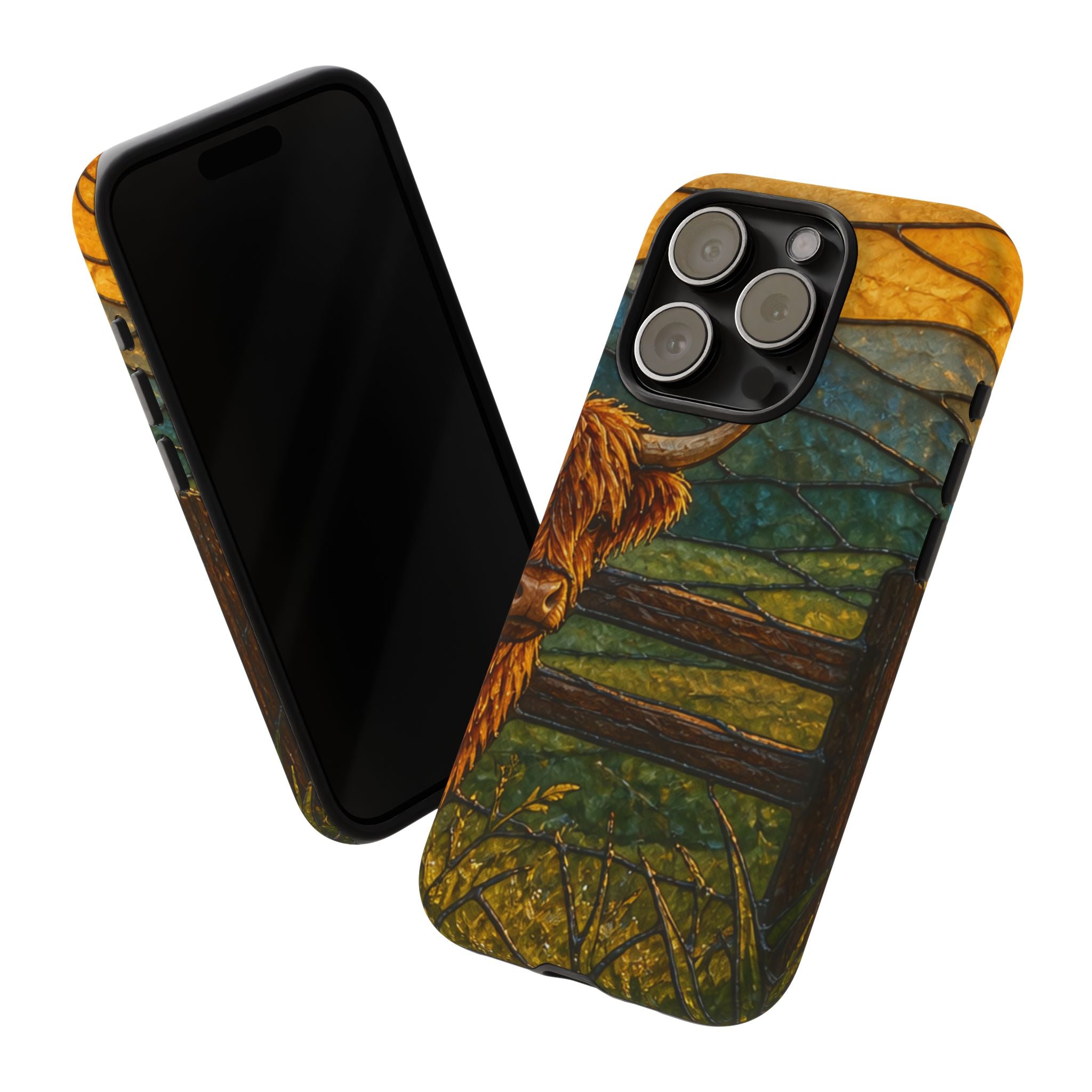 Highland Cow iPhone Case – Mini Highland - Stained Glass Morning Pasture | Tough Dual-Layer Case, iPhone 11–17