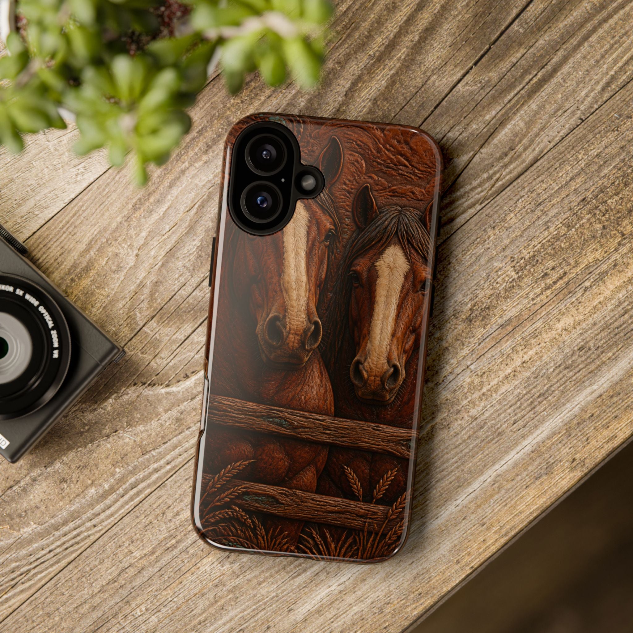 Draft Horse iPhone Case – Draft Horses at the Fence Tooled Leather | Tough Dual-Layer Case, iPhone 11–17