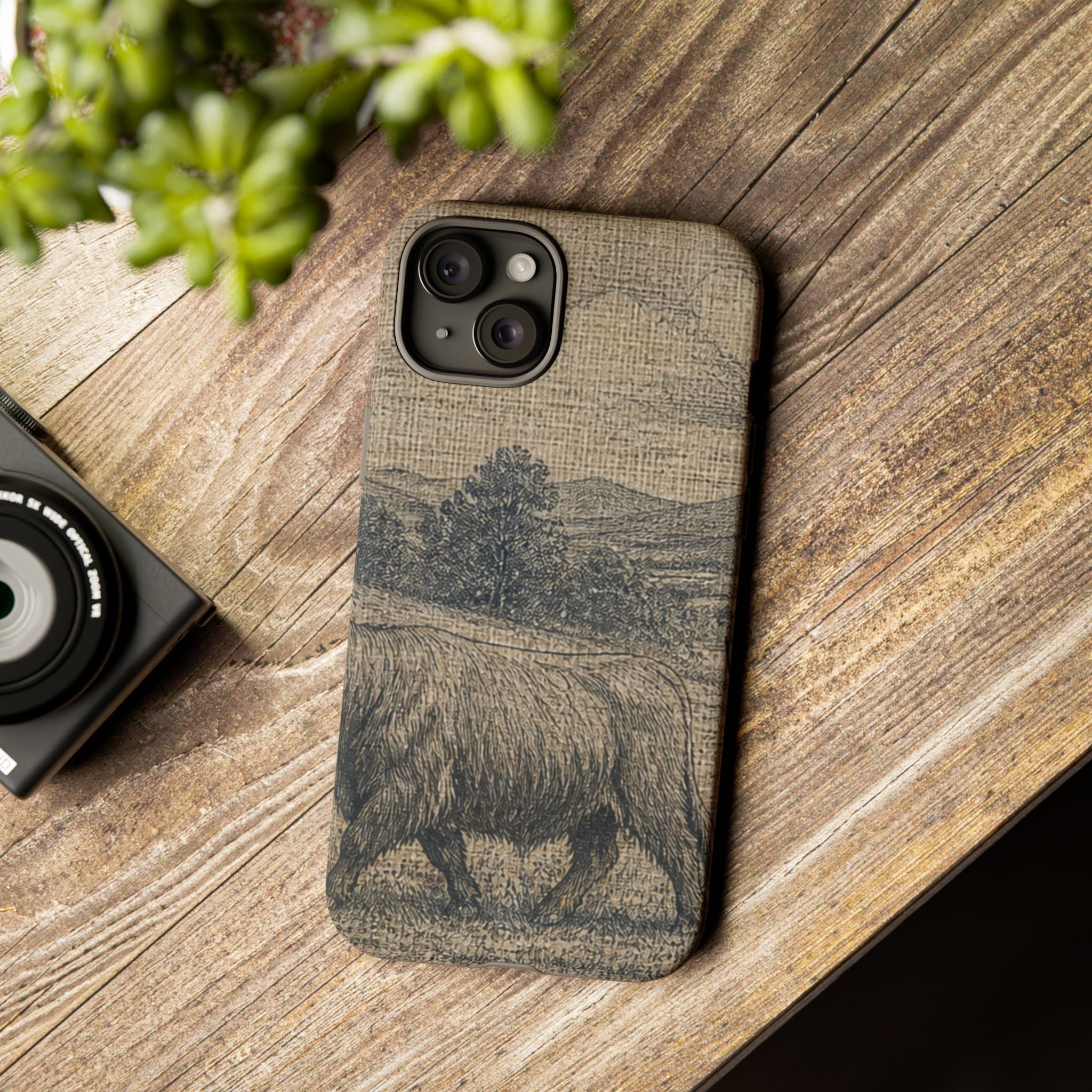 Highland Cow iPhone Case – Mini Highland - Linen Field Engraving | Tough Dual-Layer Case, iPhone 11–17