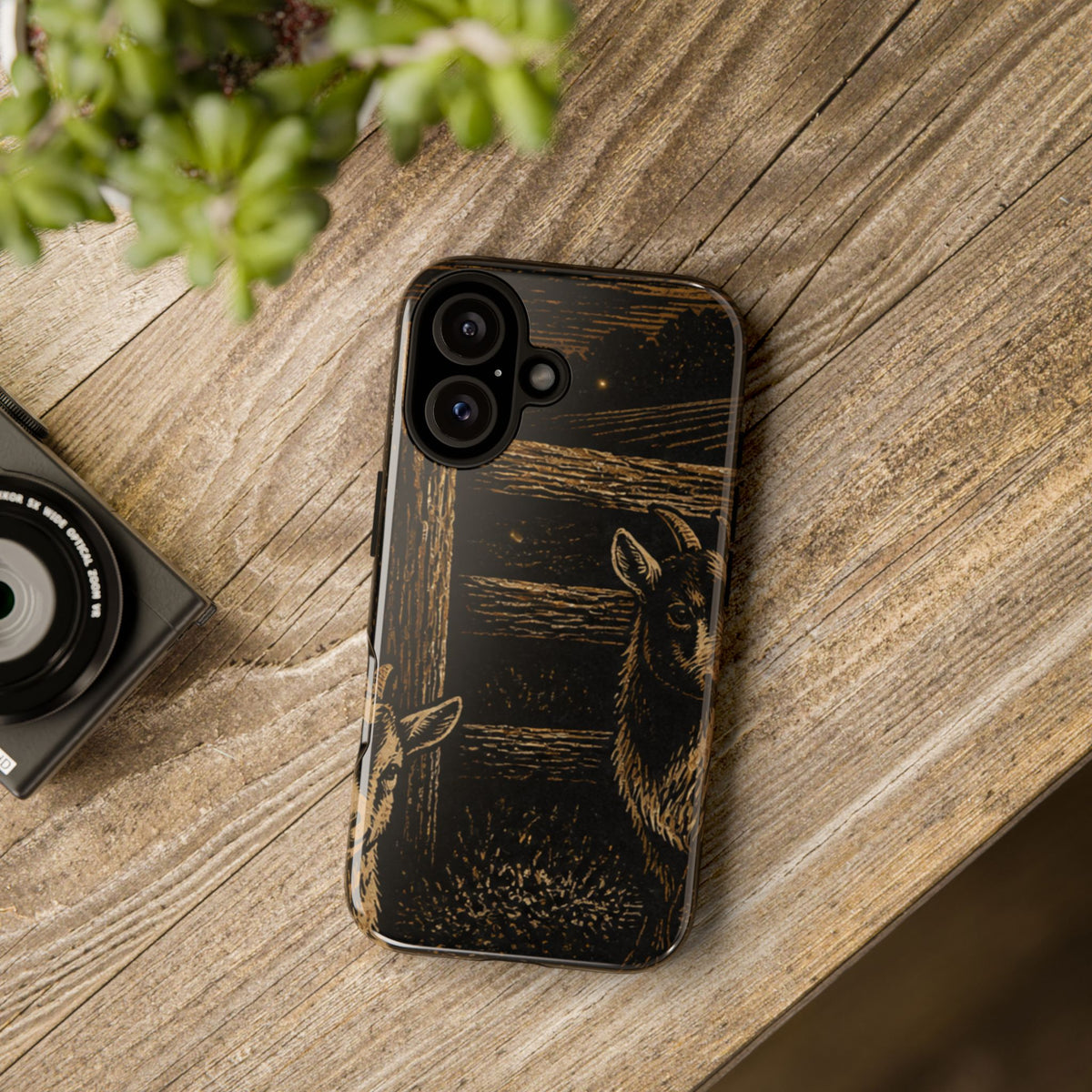 Goat iPhone Case – Pygmy Goats - Night Linocut Fireflies | Tough Dual-Layer Case, iPhone 11–17