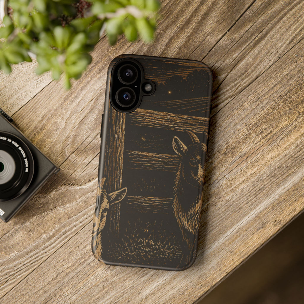 Goat iPhone Case – Pygmy Goats - Night Linocut Fireflies | Tough Dual-Layer Case, iPhone 11–17