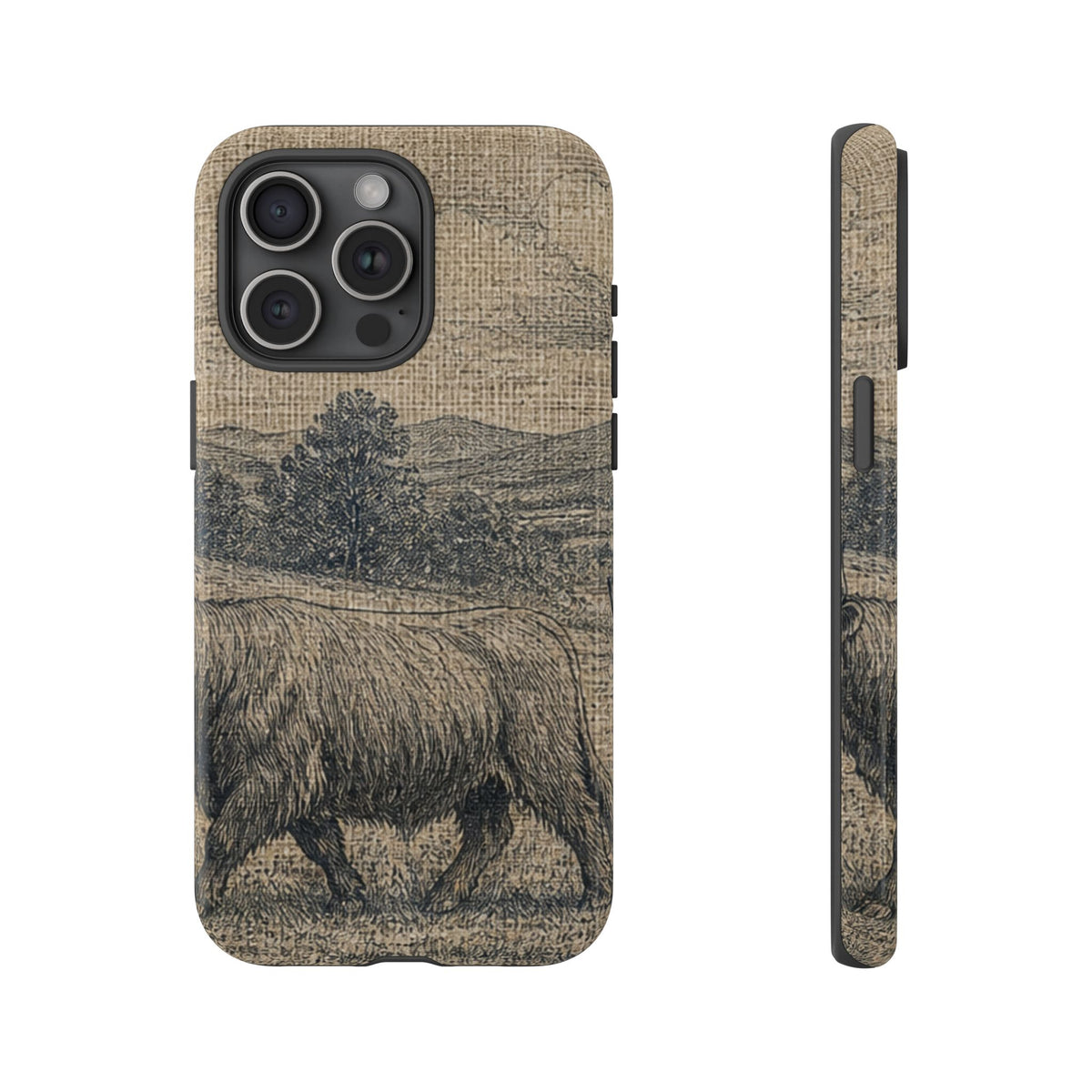 Highland Cow iPhone Case – Mini Highland - Linen Field Engraving | Tough Dual-Layer Case, iPhone 11–17