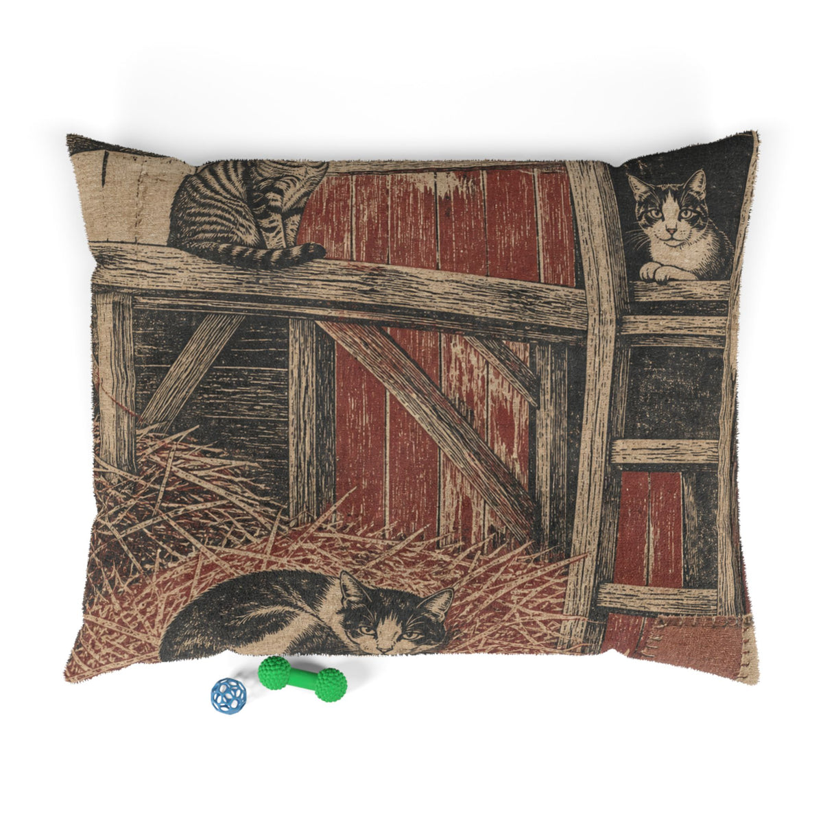 Barn Cat Washable Dog Bed – Barn Cats in the Hayloft Flour-Sack Woodblock | Soft Fleece Pet Bed, 3 Sizes