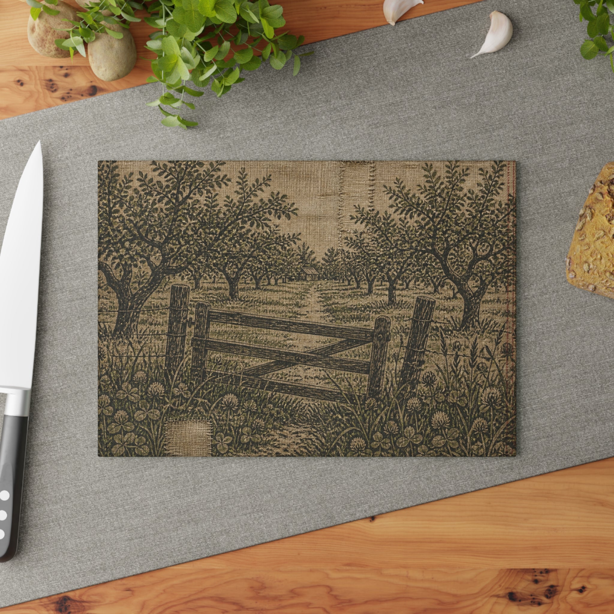 Glass Cutting Board – Grain-Sack Orchard Gate | Tempered Glass Charcuterie & Serving Board