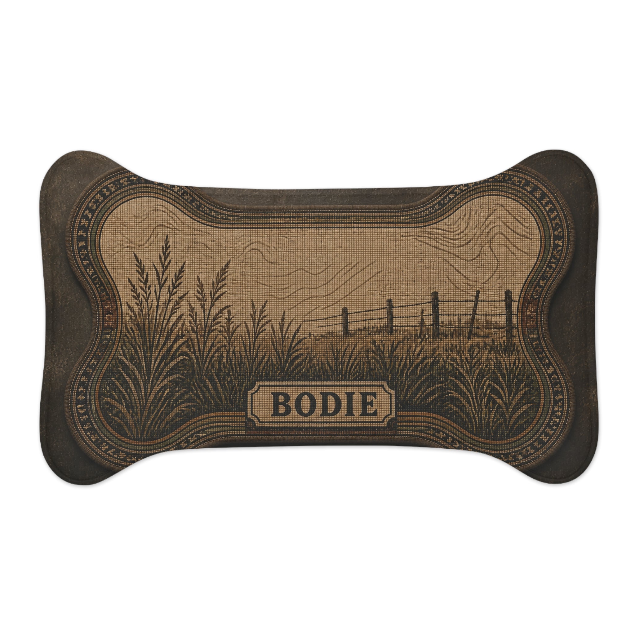 Personalized Dog Feeding Mat – Field & Fence | Custom Name, Non-Slip Bone Shape