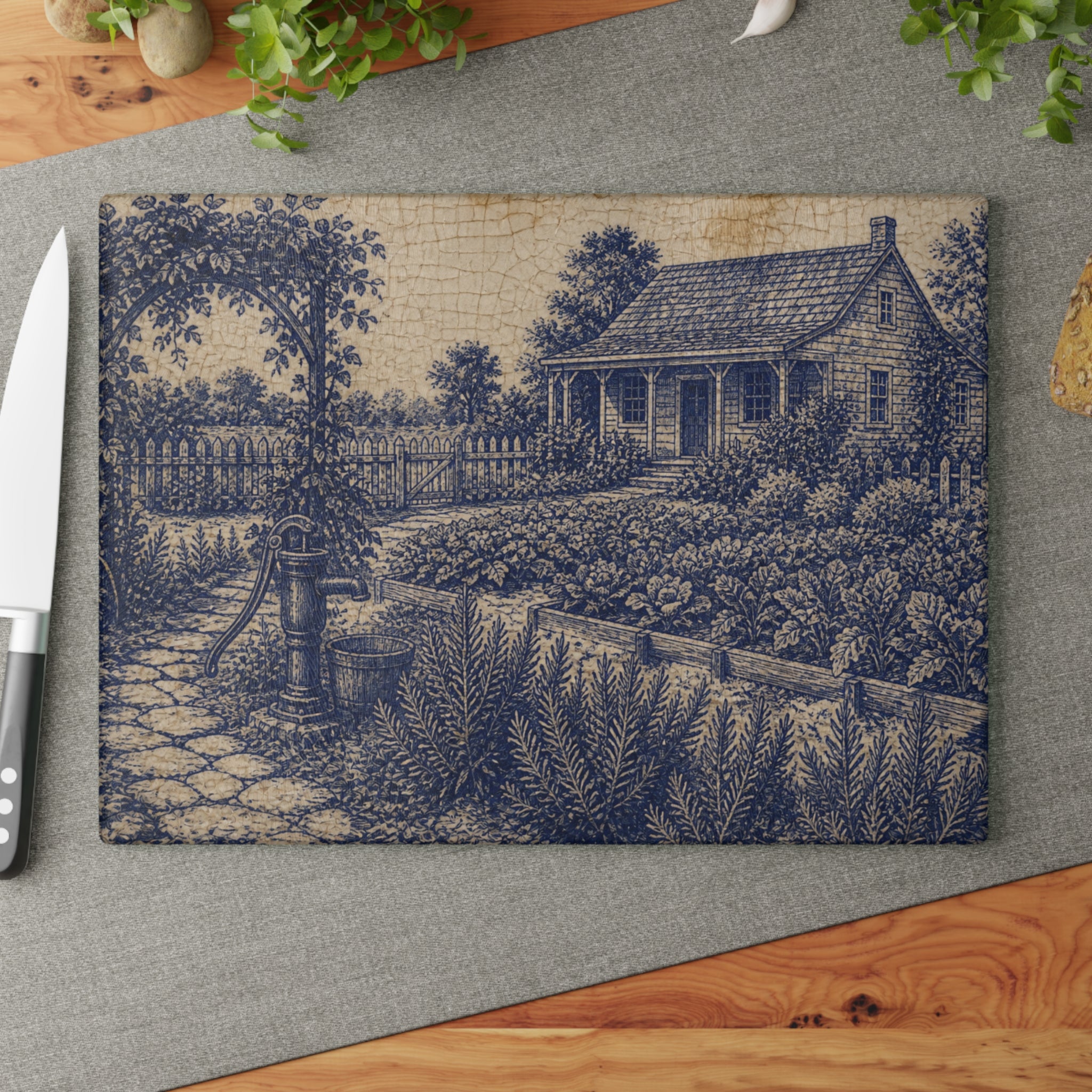 Glass Cutting Board – Transferware Kitchen Garden | Tempered Glass Charcuterie & Serving Board