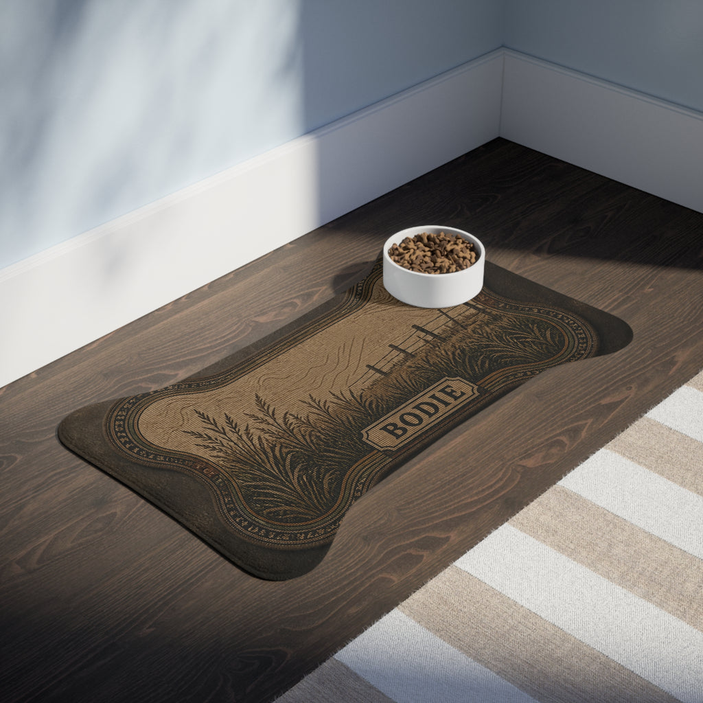 Personalized Dog Feeding Mat – Field & Fence | Custom Name, Non-Slip Bone Shape
