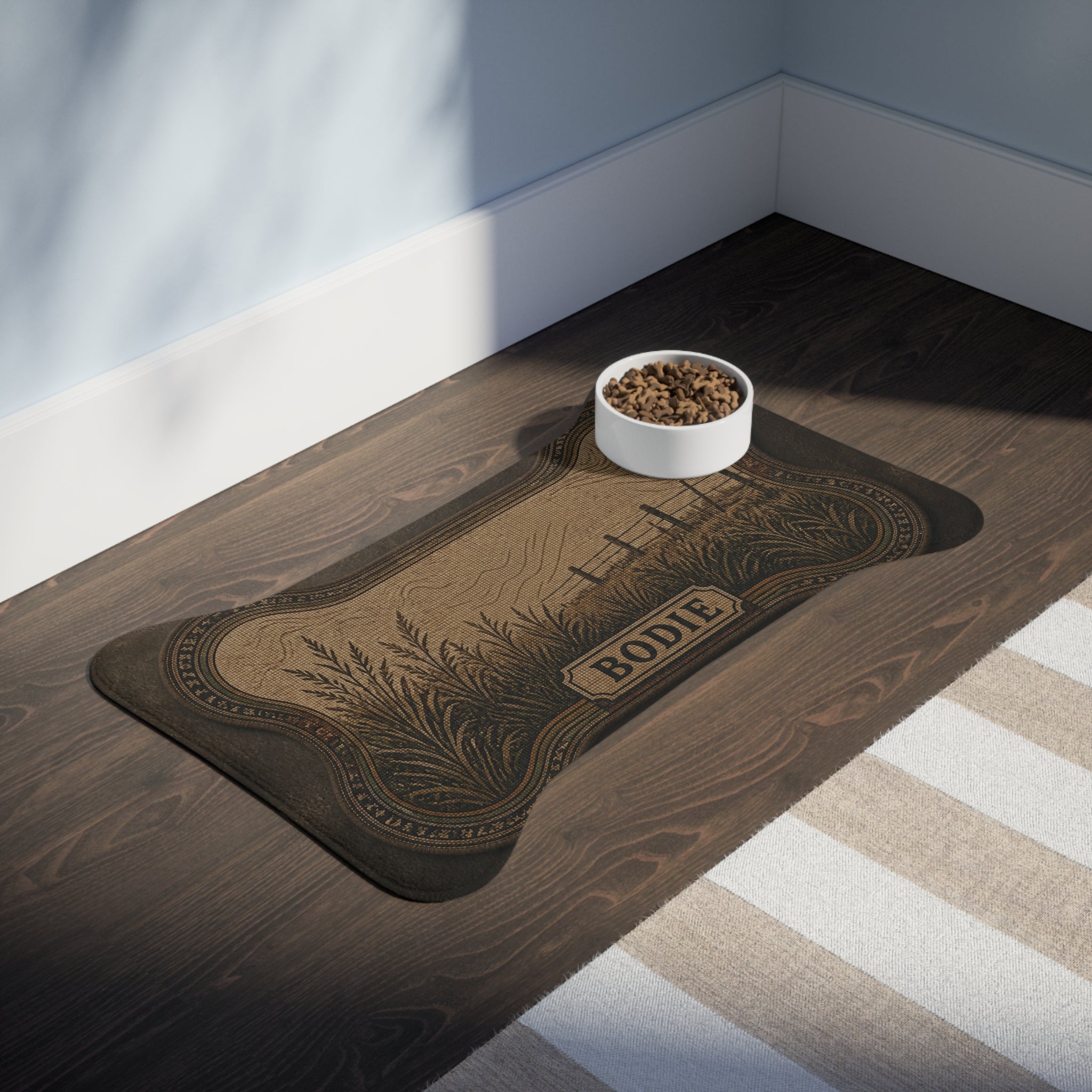 Personalized Dog Feeding Mat – Field & Fence | Custom Name, Non-Slip Bone Shape