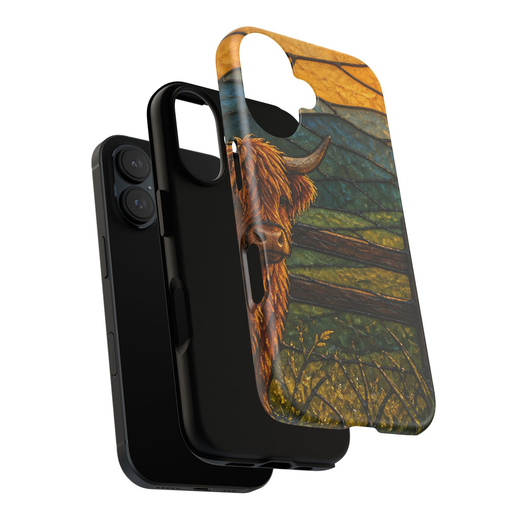 Highland Cow iPhone Case – Mini Highland - Stained Glass Morning Pasture | Tough Dual-Layer Case, iPhone 11–17