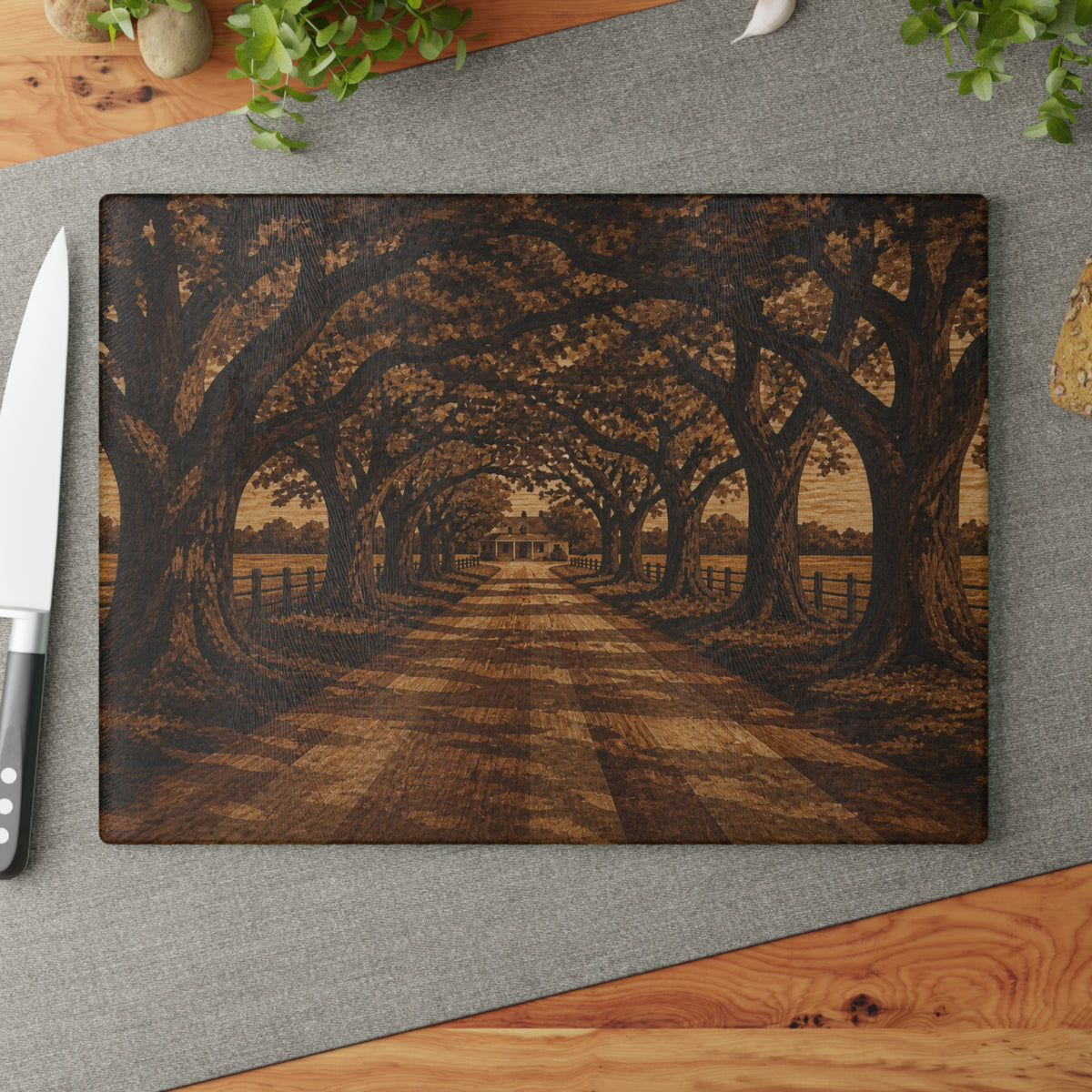 Glass Cutting Board – Marquetry Live-Oak Lane | Tempered Glass Charcuterie & Serving Board