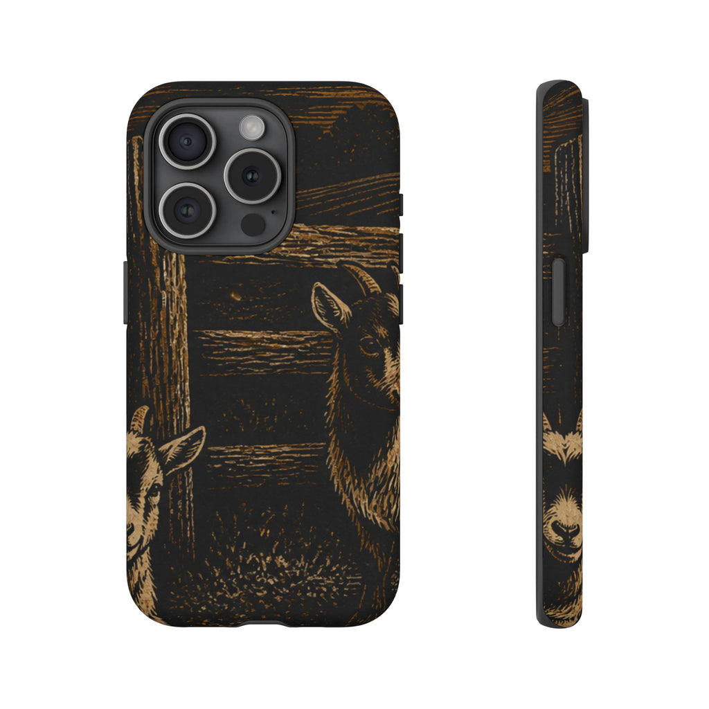 Goat iPhone Case – Pygmy Goats - Night Linocut Fireflies | Tough Dual-Layer Case, iPhone 11–17