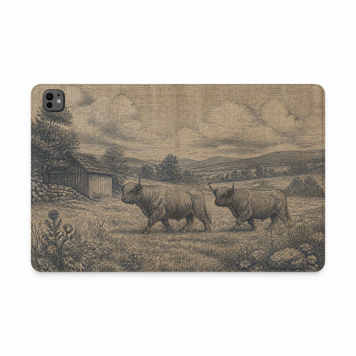 Highland Cow iPad Case – Mini Highland - Linen Field Engraving | Vegan Leather Folio with Card Pockets, All iPad Models
