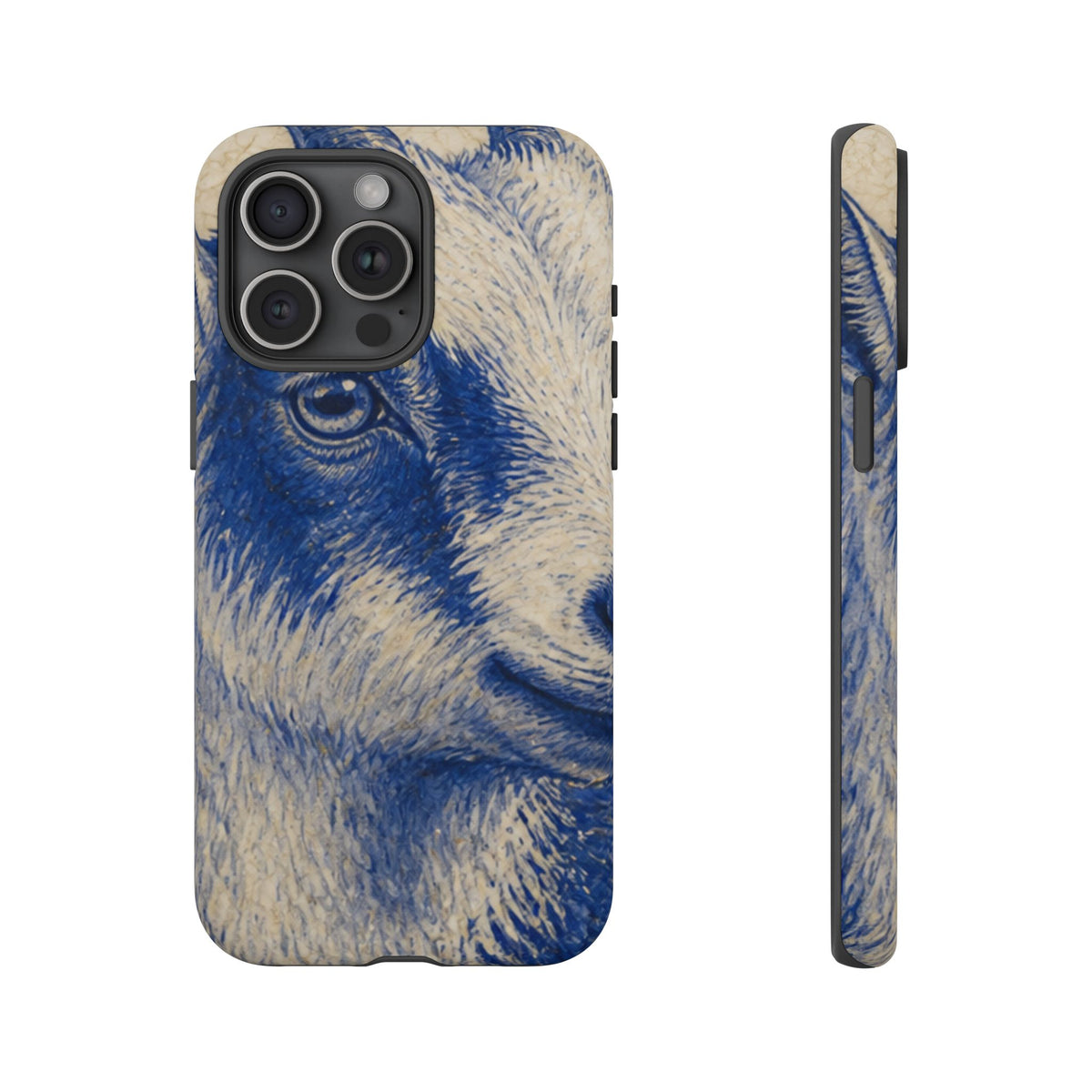 Goat iPhone Case – Pygmy Goat - Cobalt Transferware Portrait | Tough Dual-Layer Case, iPhone 11–17