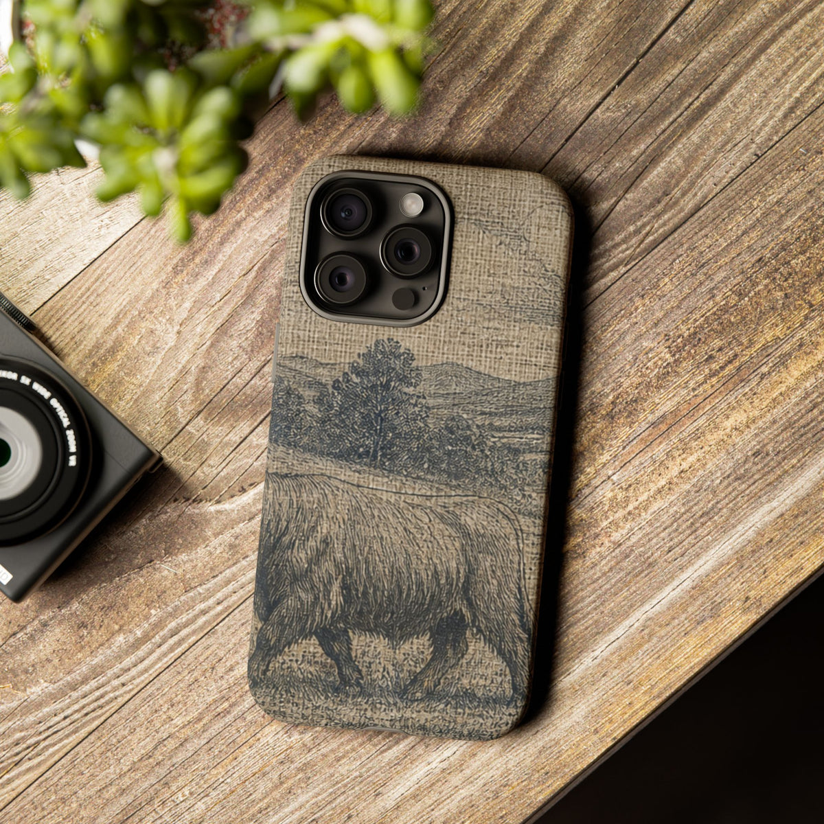 Highland Cow iPhone Case – Mini Highland - Linen Field Engraving | Tough Dual-Layer Case, iPhone 11–17