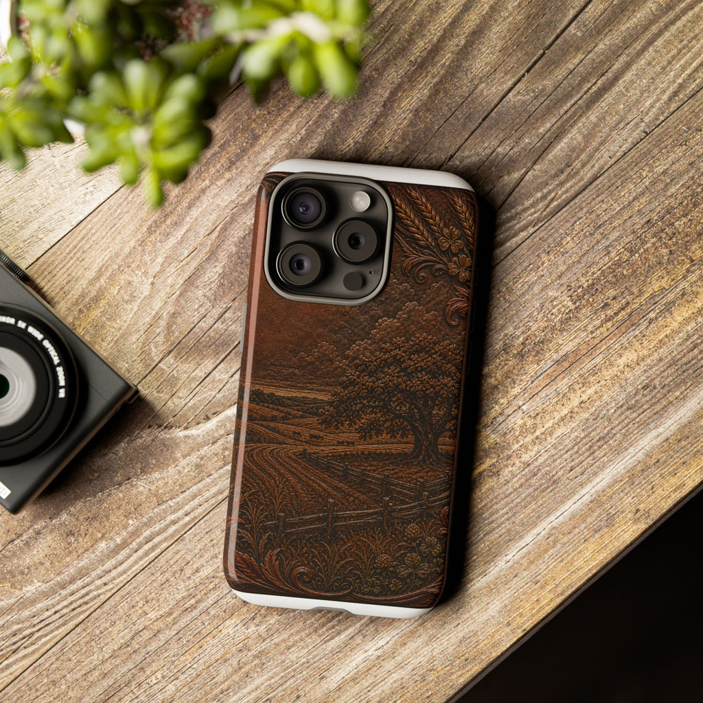 iPhone Case – Tooled Field Landscape | Tough Dual-Layer Case, iPhone 11–17