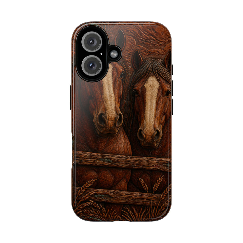 Draft Horse iPhone Case – Draft Horses at the Fence Tooled Leather | Tough Dual-Layer Case, iPhone 11–17