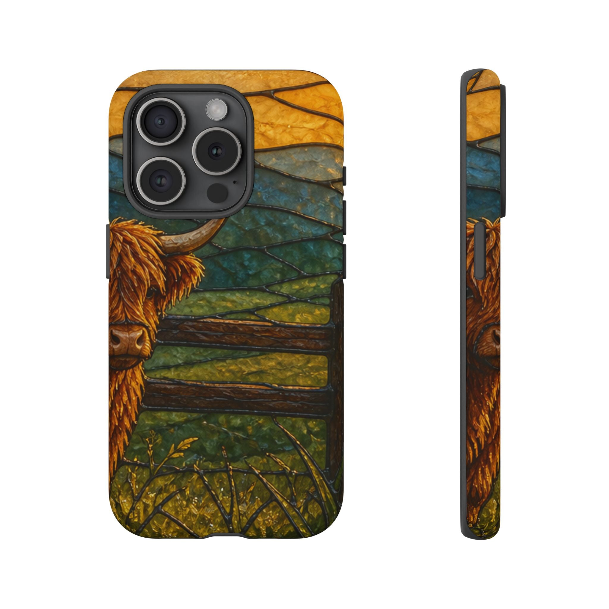 Highland Cow iPhone Case – Mini Highland - Stained Glass Morning Pasture | Tough Dual-Layer Case, iPhone 11–17