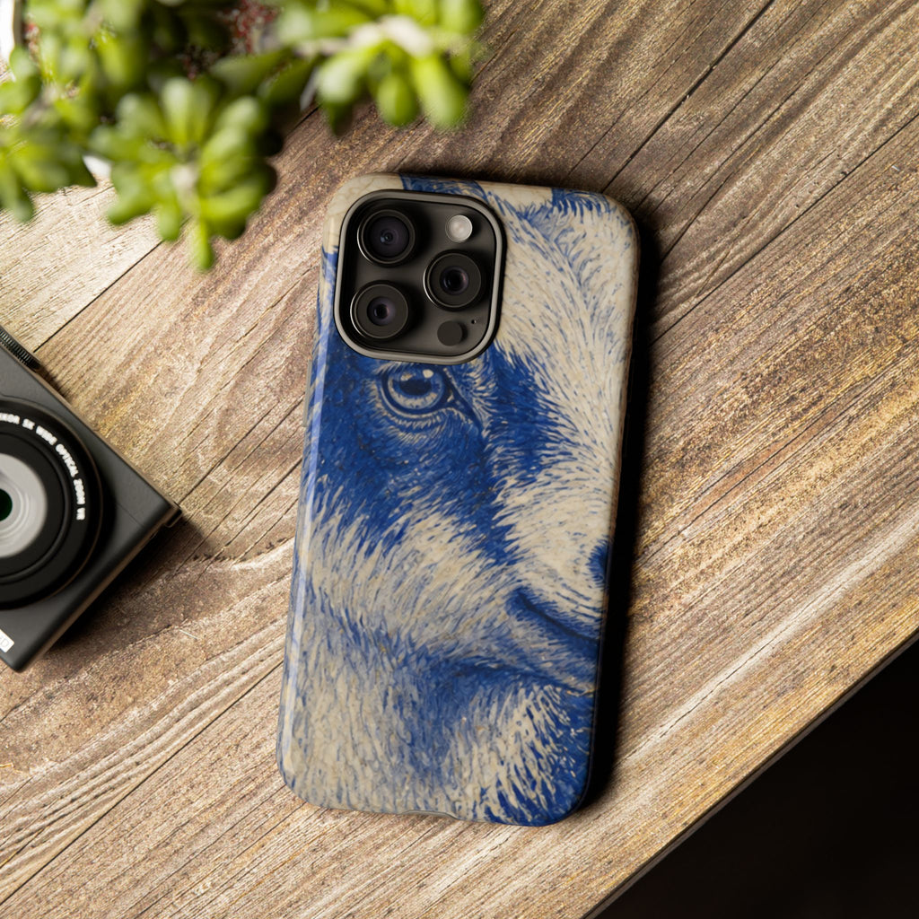 Goat iPhone Case – Pygmy Goat - Cobalt Transferware Portrait | Tough Dual-Layer Case, iPhone 11–17