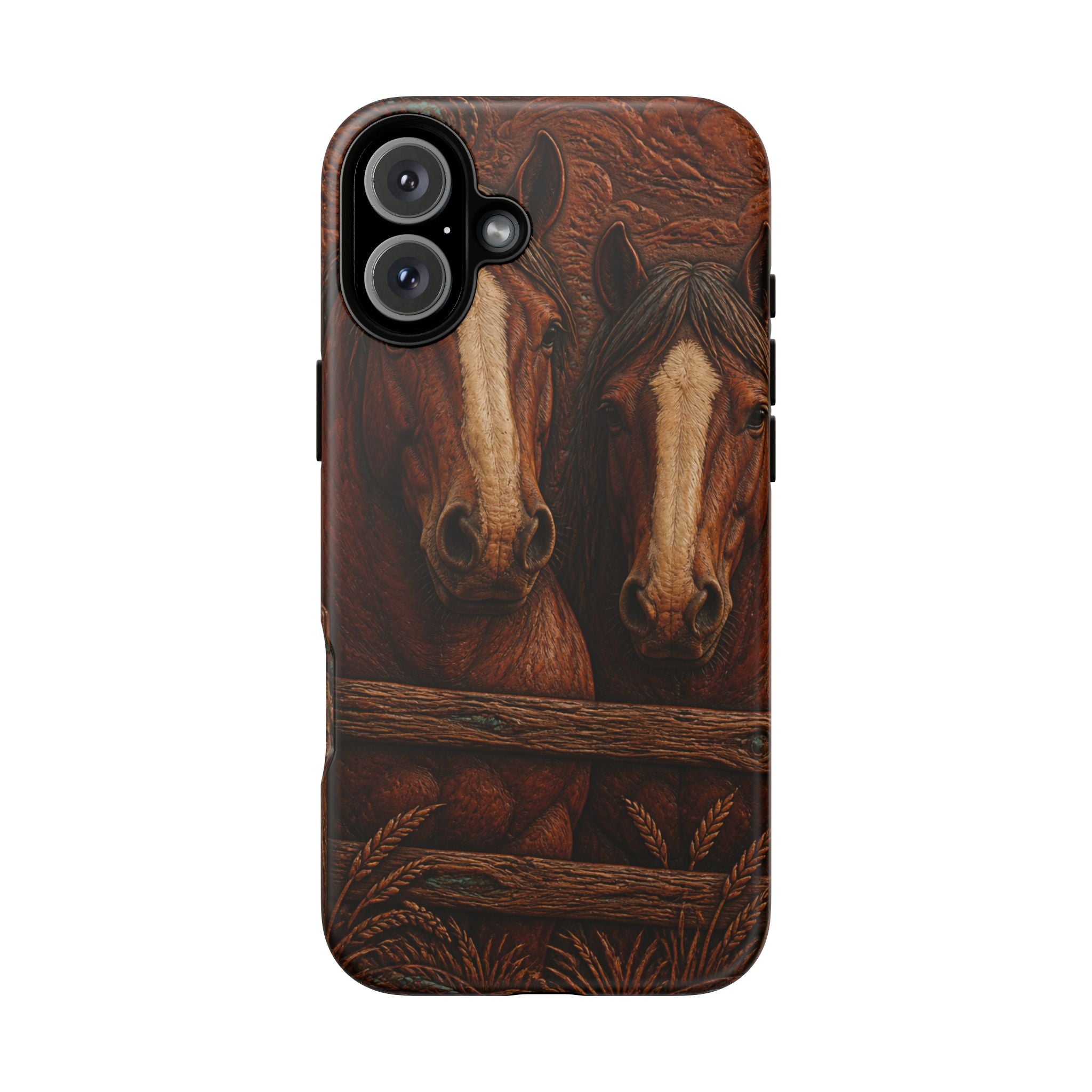 Draft Horse iPhone Case – Draft Horses at the Fence Tooled Leather | Tough Dual-Layer Case, iPhone 11–17