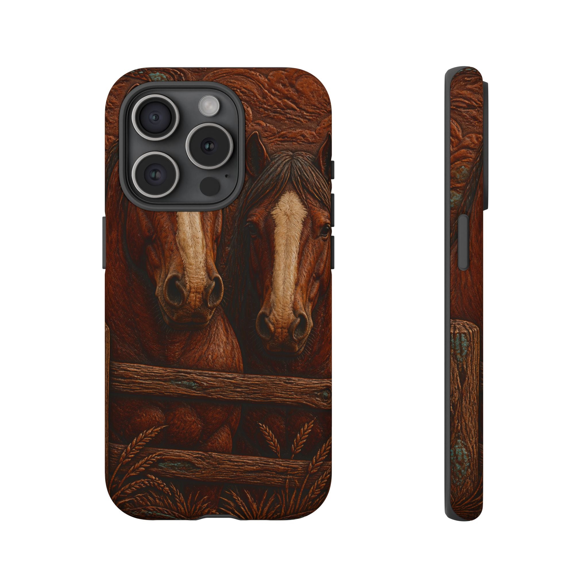 Draft Horse iPhone Case – Draft Horses at the Fence Tooled Leather | Tough Dual-Layer Case, iPhone 11–17