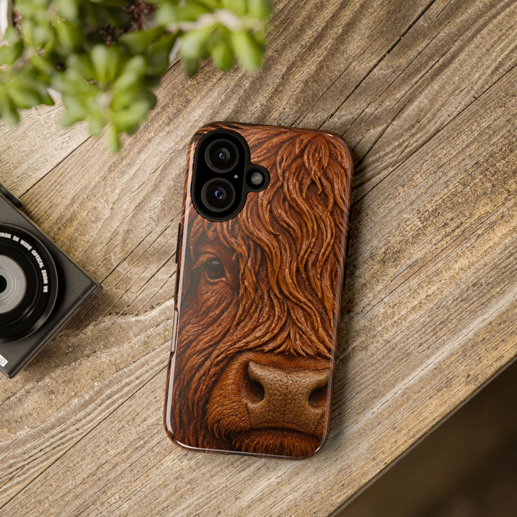 Highland Cow iPhone Case – Mini Highland - Tooled Leather Portrait | Tough Dual-Layer Case, iPhone 11–17