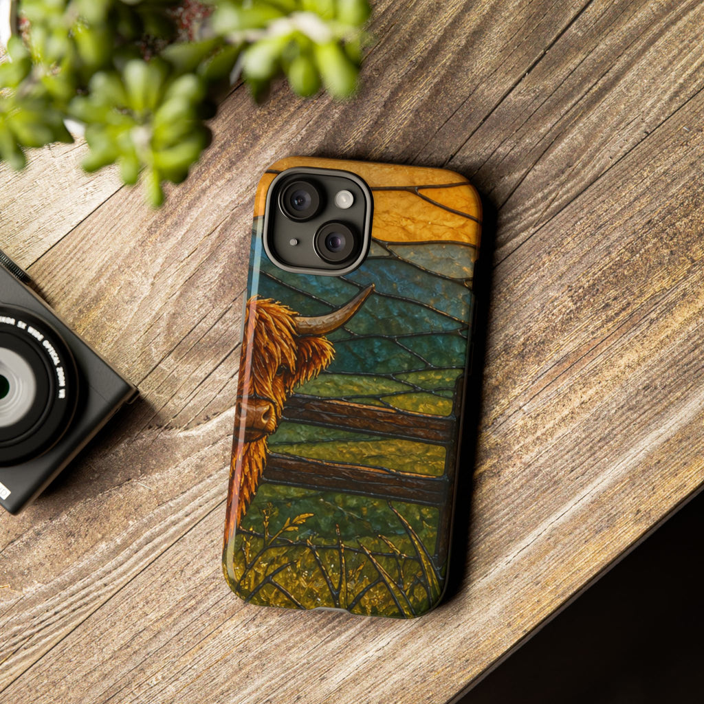 Highland Cow iPhone Case – Mini Highland - Stained Glass Morning Pasture | Tough Dual-Layer Case, iPhone 11–17