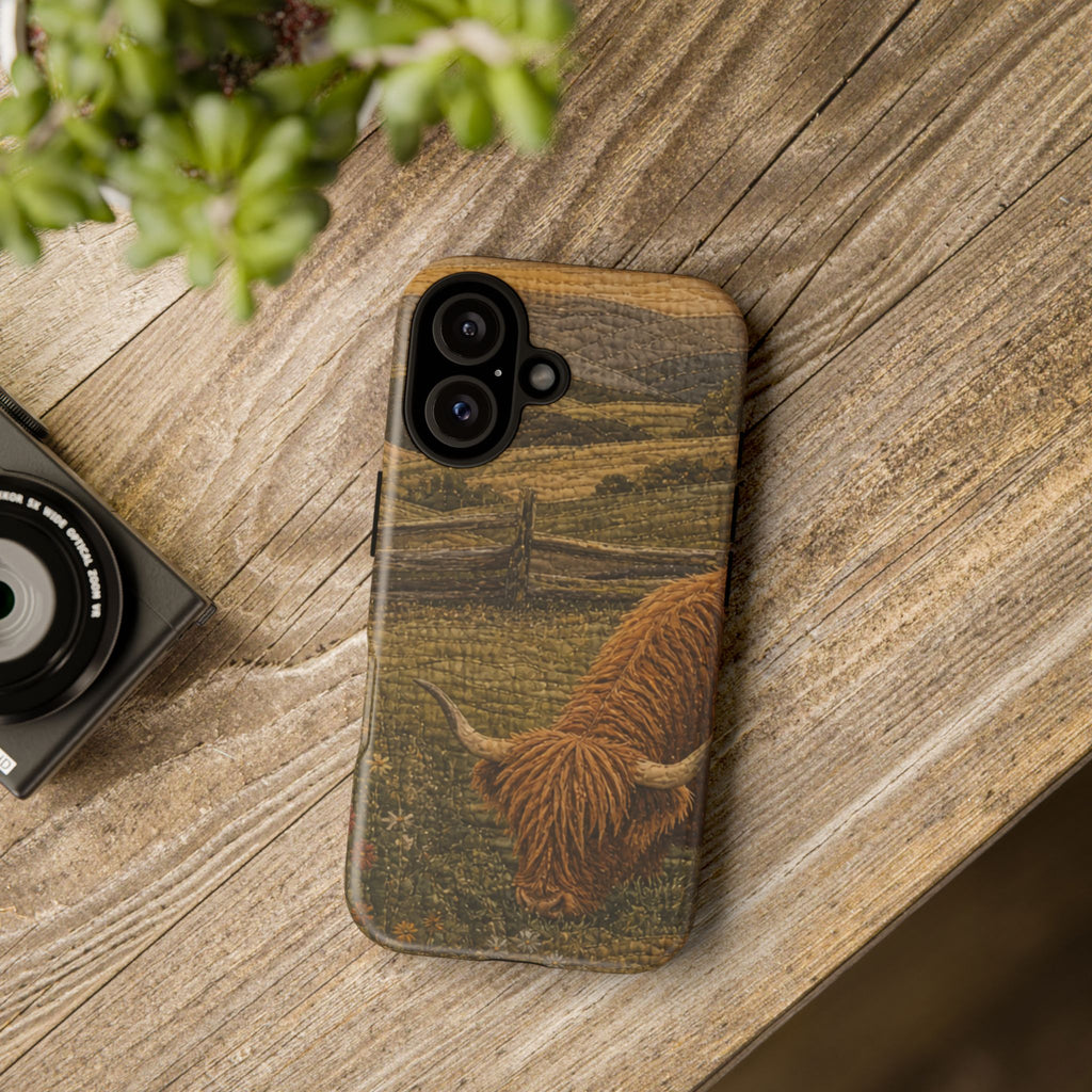 Highland Cow iPhone Case – Mini Highland - Heirloom Quilt Meadow | Tough Dual-Layer Case, iPhone 11–17