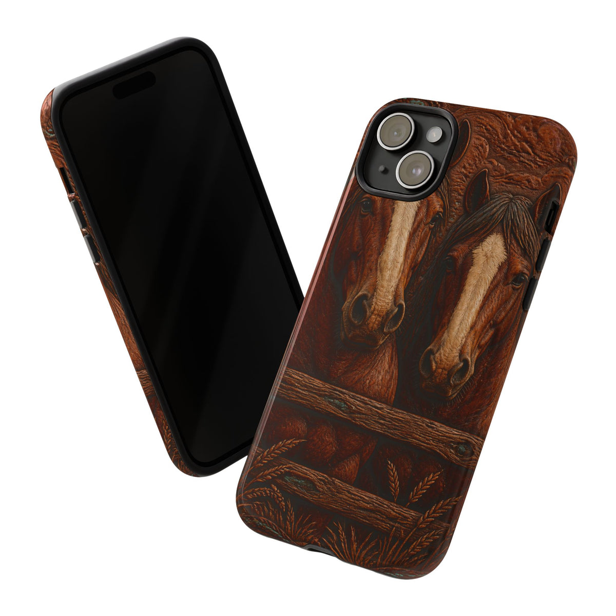 Draft Horse iPhone Case – Draft Horses at the Fence Tooled Leather | Tough Dual-Layer Case, iPhone 11–17