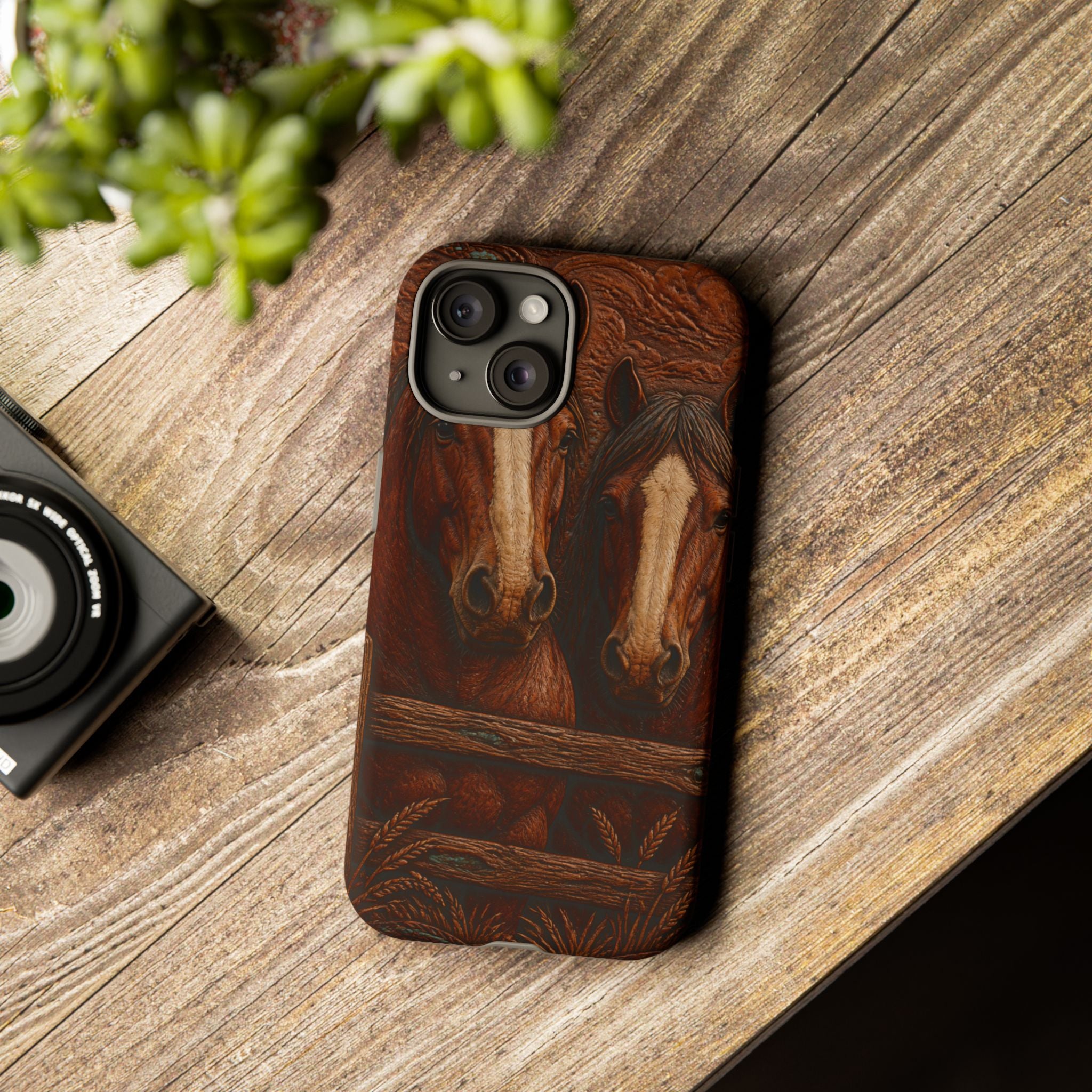 Draft Horse iPhone Case – Draft Horses at the Fence Tooled Leather | Tough Dual-Layer Case, iPhone 11–17