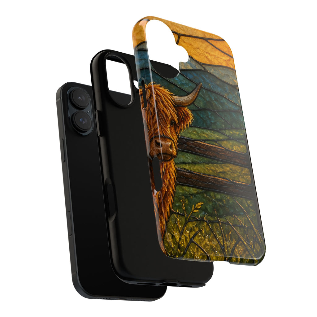 Highland Cow iPhone Case – Mini Highland - Stained Glass Morning Pasture | Tough Dual-Layer Case, iPhone 11–17