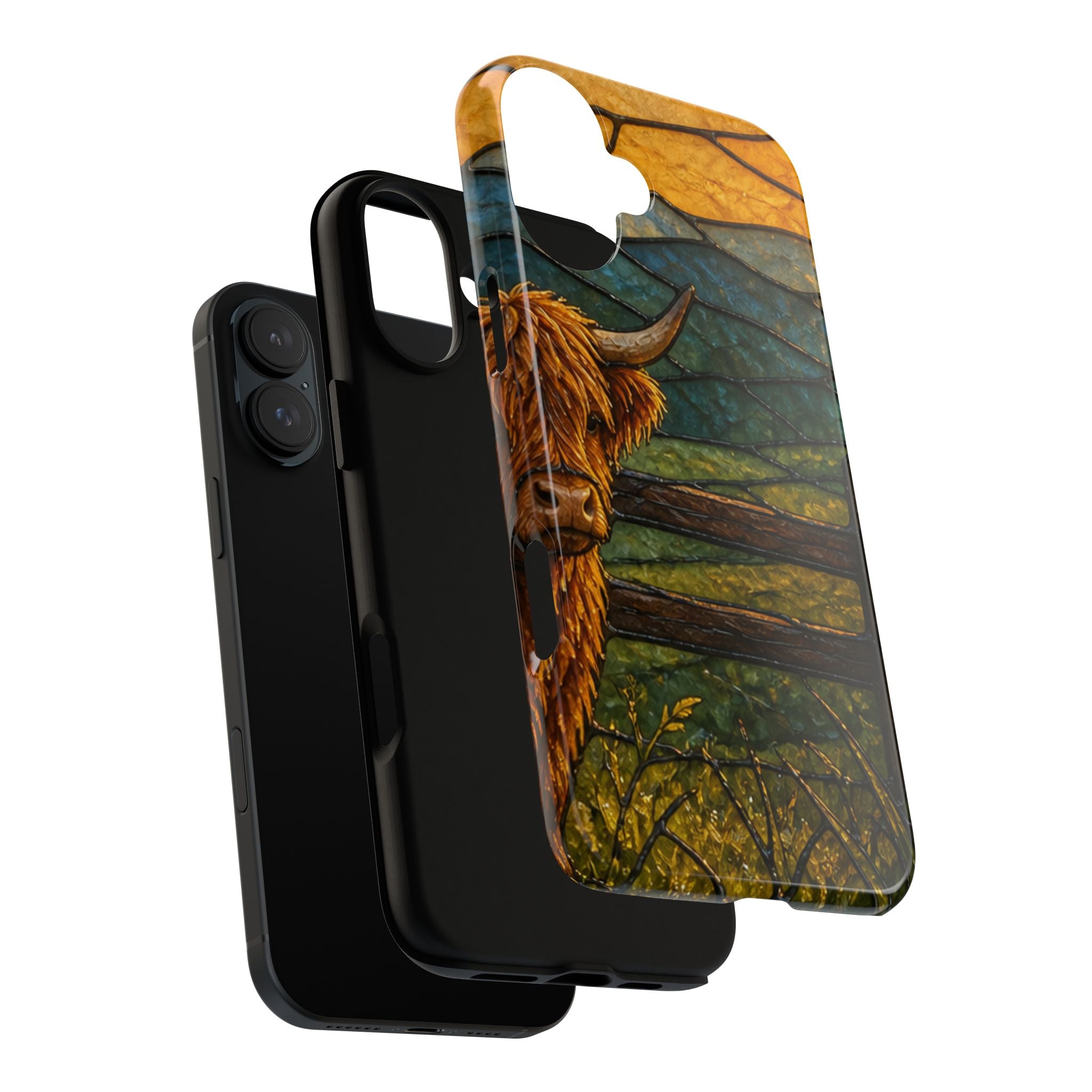 Highland Cow iPhone Case – Mini Highland - Stained Glass Morning Pasture | Tough Dual-Layer Case, iPhone 11–17