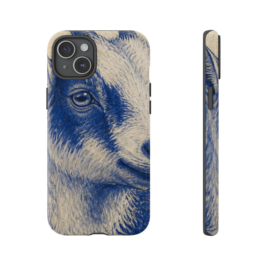 Goat iPhone Case – Pygmy Goat - Cobalt Transferware Portrait | Tough Dual-Layer Case, iPhone 11–17