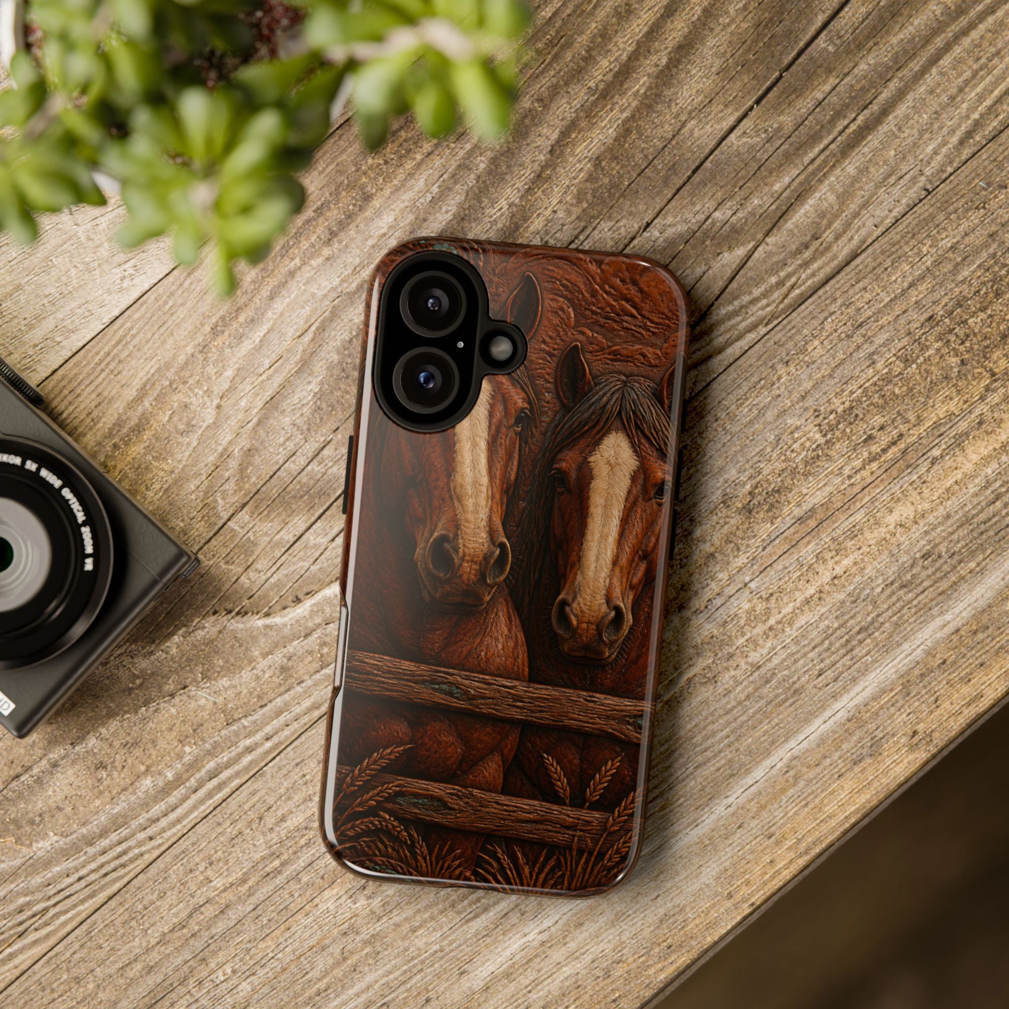 Draft Horse iPhone Case – Draft Horses at the Fence Tooled Leather | Tough Dual-Layer Case, iPhone 11–17