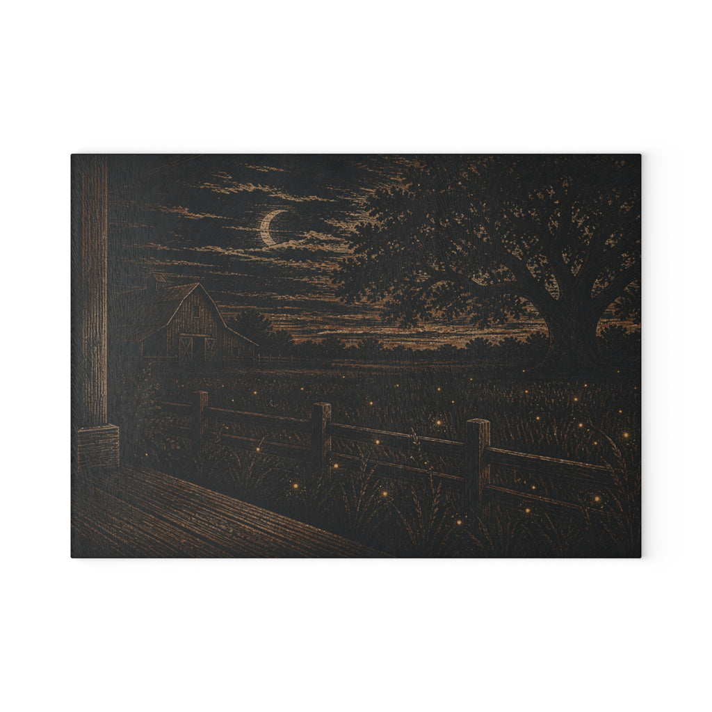 Firefly Glass Cutting Board – Night Linocut Fireflies | Tempered Glass Charcuterie & Serving Board