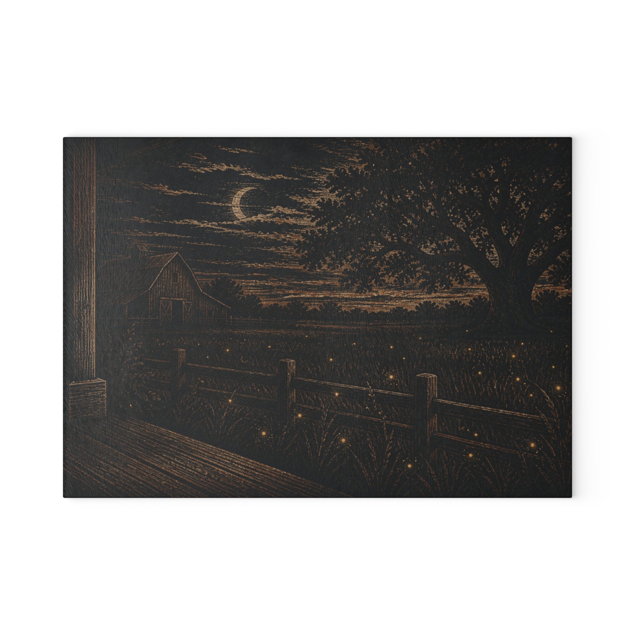 Firefly Glass Cutting Board – Night Linocut Fireflies | Tempered Glass Charcuterie & Serving Board