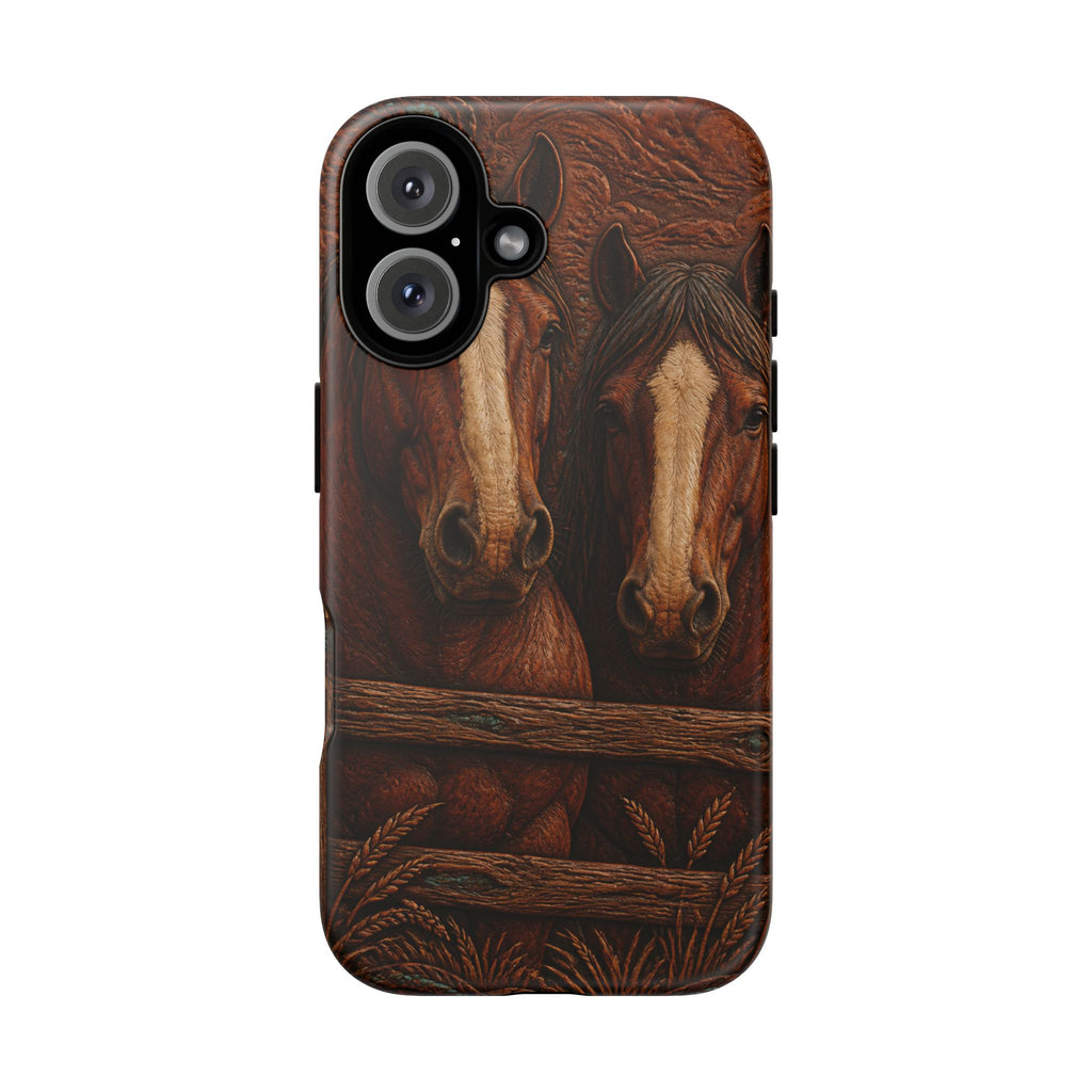 Draft Horse iPhone Case – Draft Horses at the Fence Tooled Leather | Tough Dual-Layer Case, iPhone 11–17