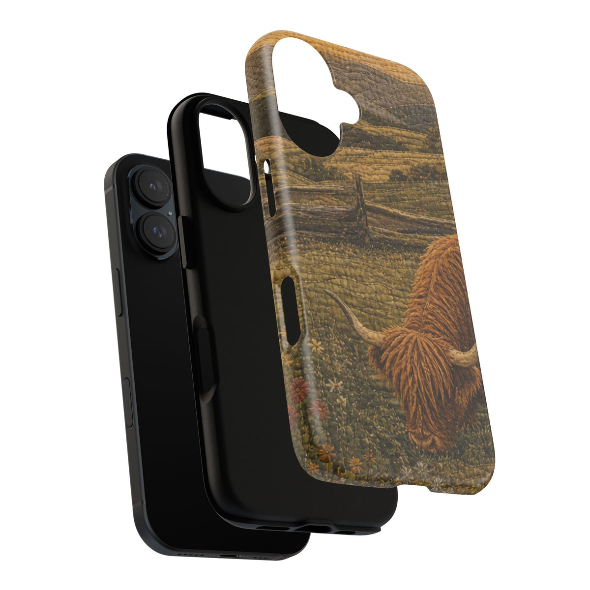 Highland Cow iPhone Case – Mini Highland - Heirloom Quilt Meadow | Tough Dual-Layer Case, iPhone 11–17